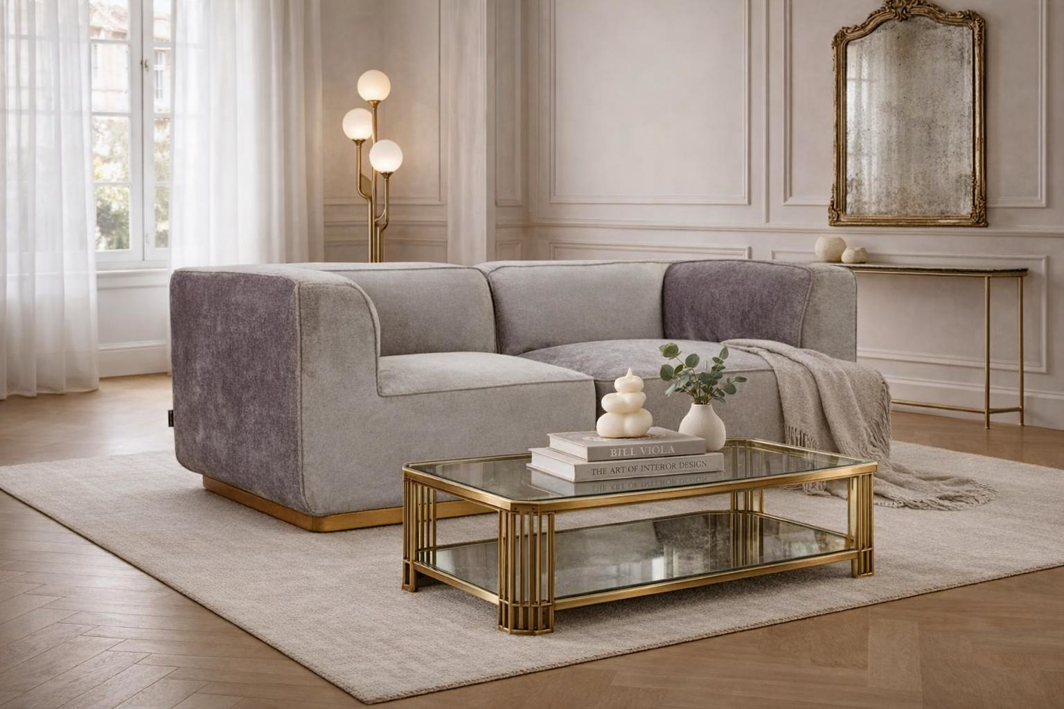 Canapé droit Saint Maur Paname Avenue dans un salon haussmannien élégant avec table basse dorée.