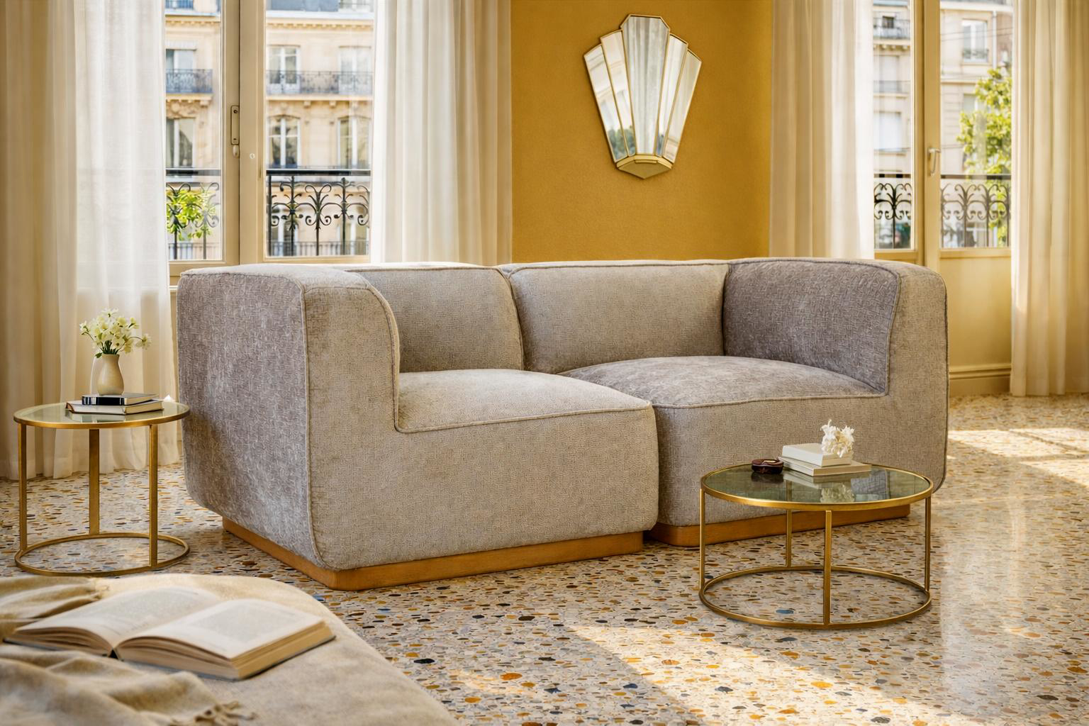 Canapé droit Saint-Maur en tissu chenille gris Paname Avenue, dans un décor inspire au quartier parisien