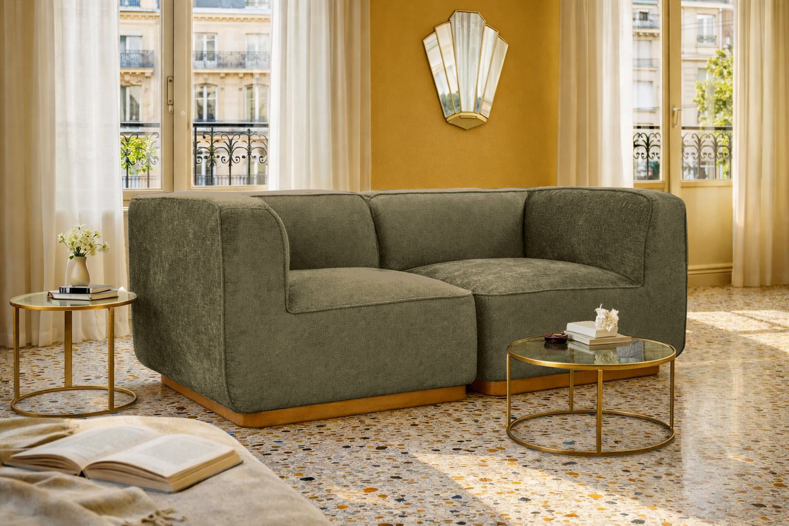 Canapé droit Saint-Maur en tissu chenille vert olive Paname Avenue, dans un décor inspire au quartier parisien