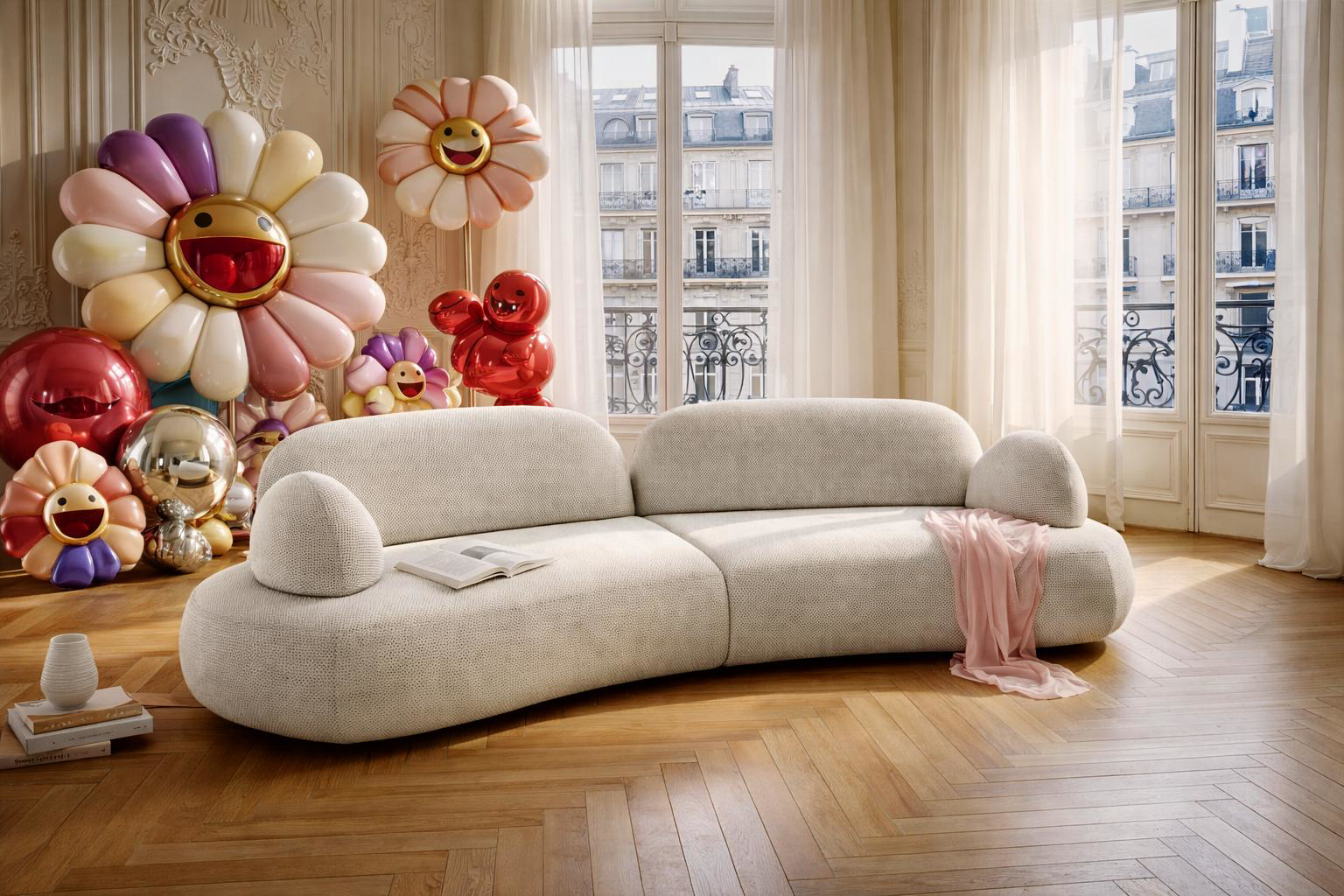 Canapé droit Sedaine de Paname Avenue dans un salon au style contemporain arty avec influence pop et japonaise kawaii intégré dans un cadre haussmannien chic.