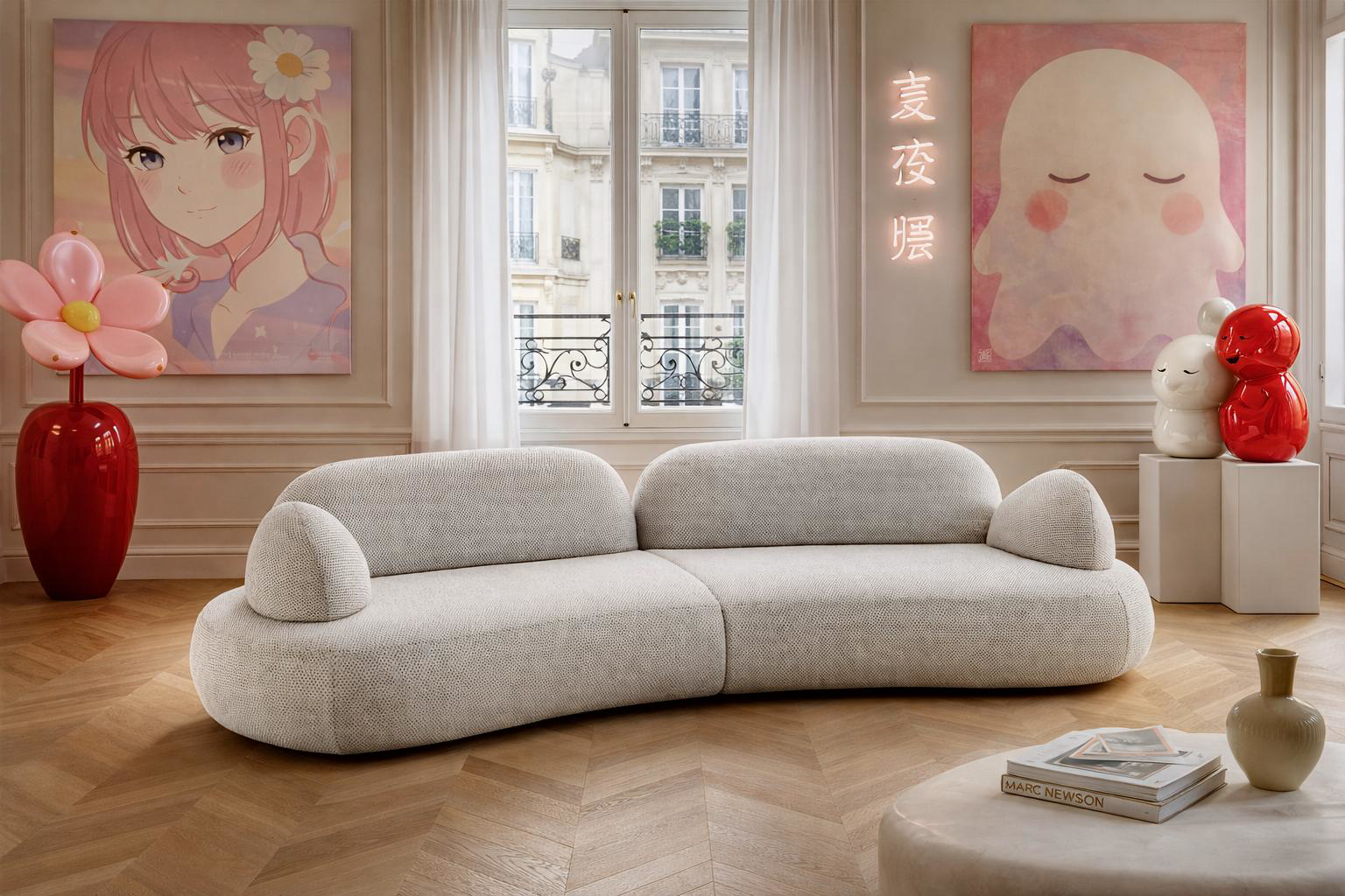 Canapé droit Sedaine de Paname Avenue dans un salon au style contemporain arty avec influence pop et japonaise kawaii intégré dans un cadre haussmannien chic.