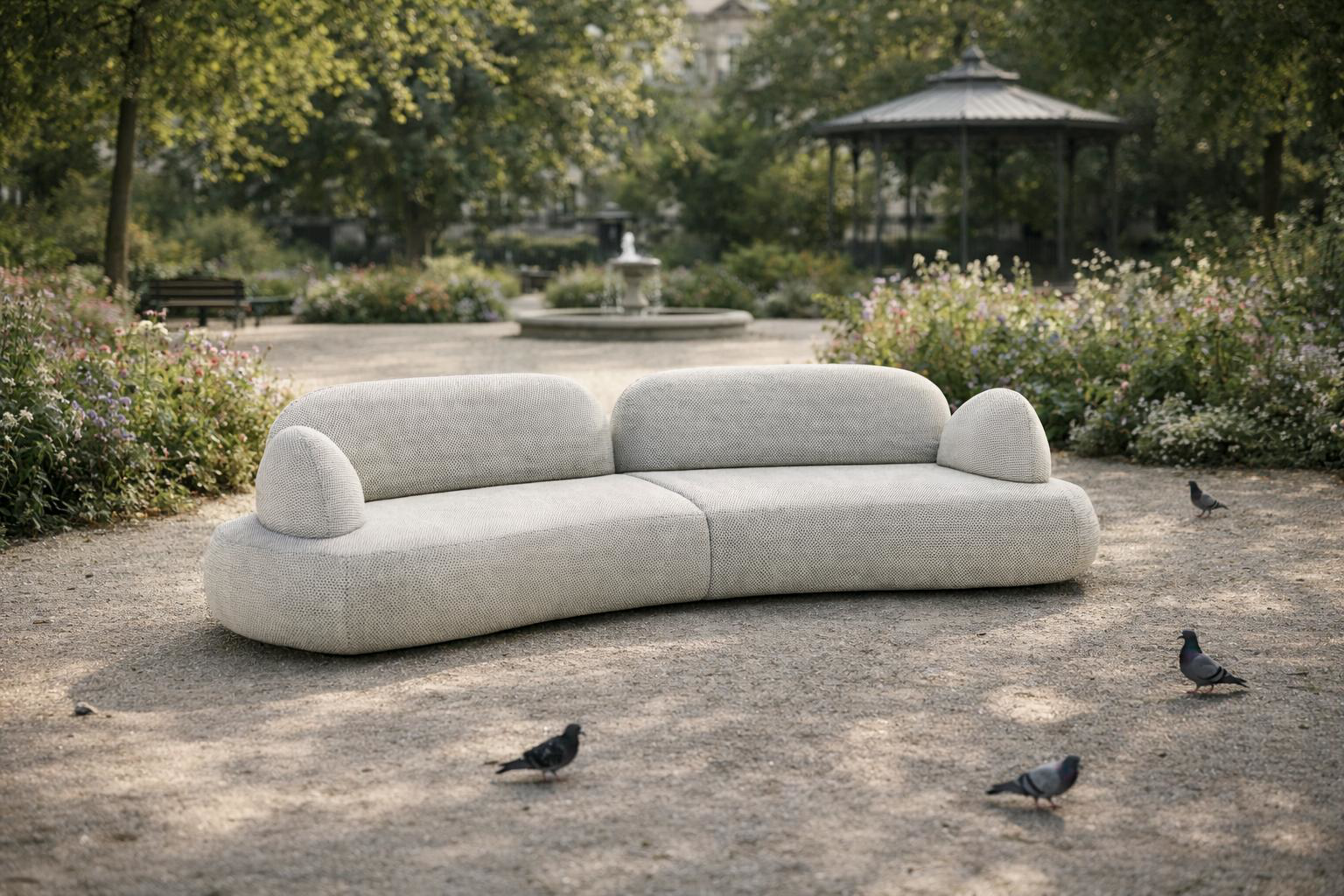 Canapé droit 5 places Sedaine Paname Avenue en tissu blanc texturé, installé dans un jardin public parisien intimiste avec allées de gravier clair, massifs fleuris, fontaine en pierre et kiosque à musique en arrière-plan, lumière douce de fin d’après-midi.
