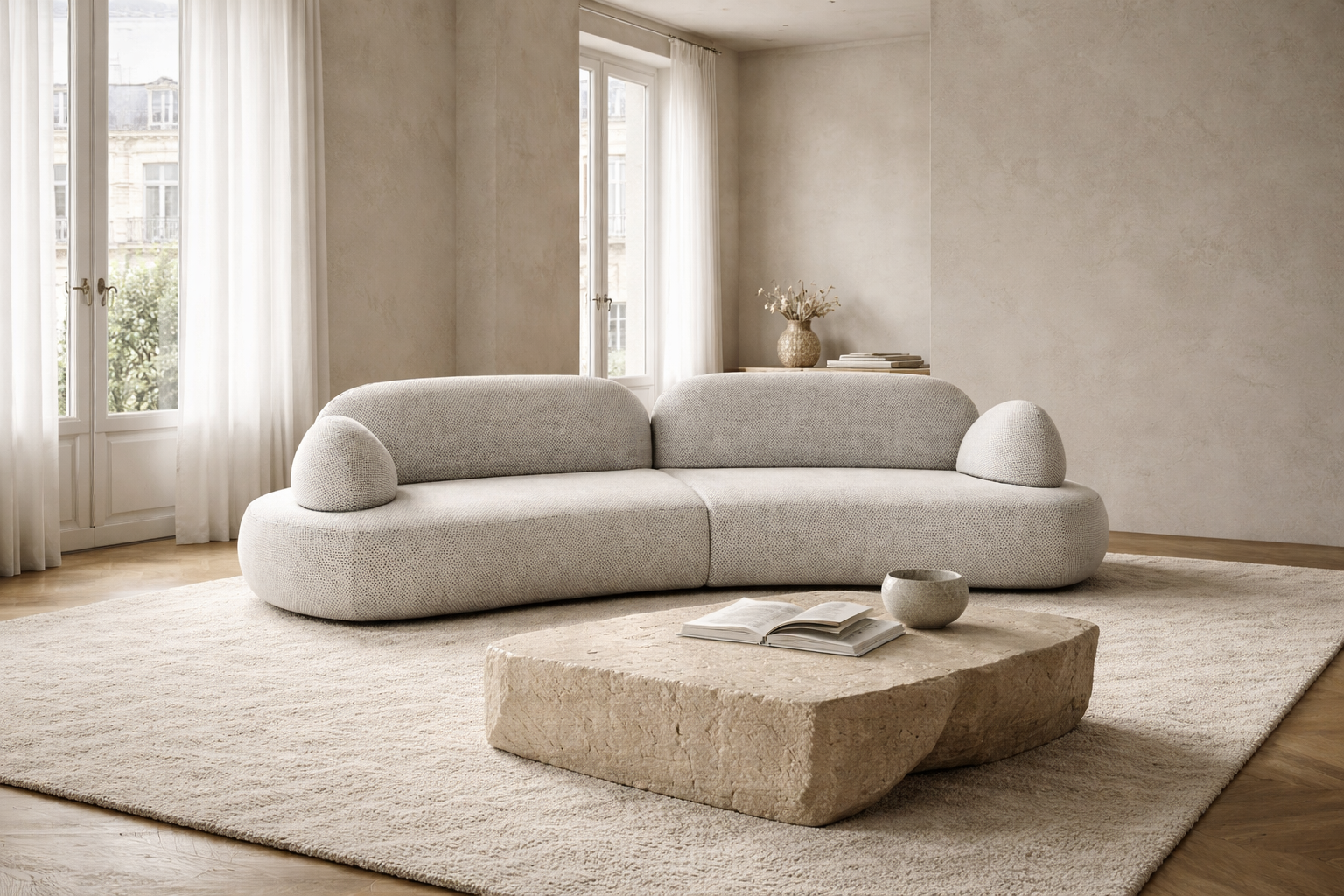 Canapé droit Sedaine en tissu chenille dans un salon d’appartement parisien