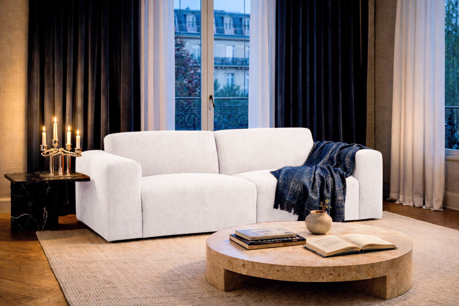 Canapé droit Seine en tissu chenille beige Paname Avenue, dans un décor inspire au quartier parisien