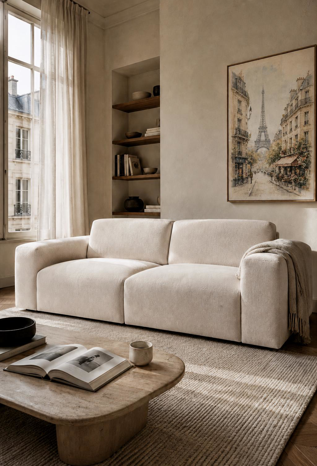 Canapé droit Seine en tissu chenille beige avec table basse en marbre aux formes organiques dans un salon minimaliste et chaleureux d'inspiration parisienne