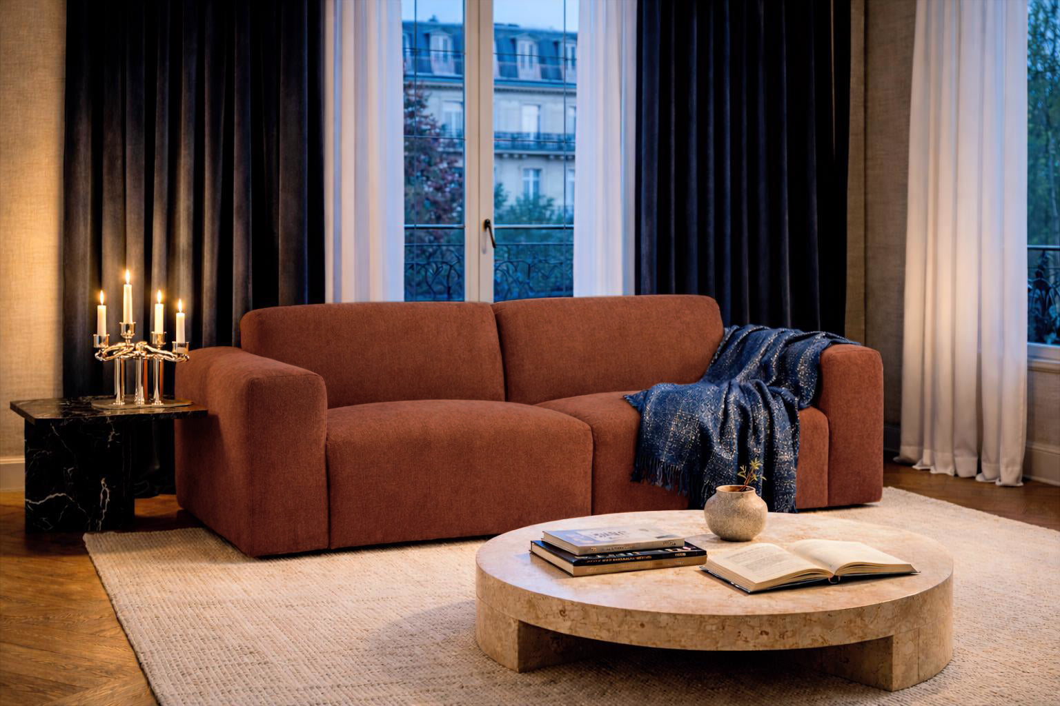 Canapé droit Seine en tissu chenille terracotta Paname Avenue, dans un décor inspire au quartier parisien