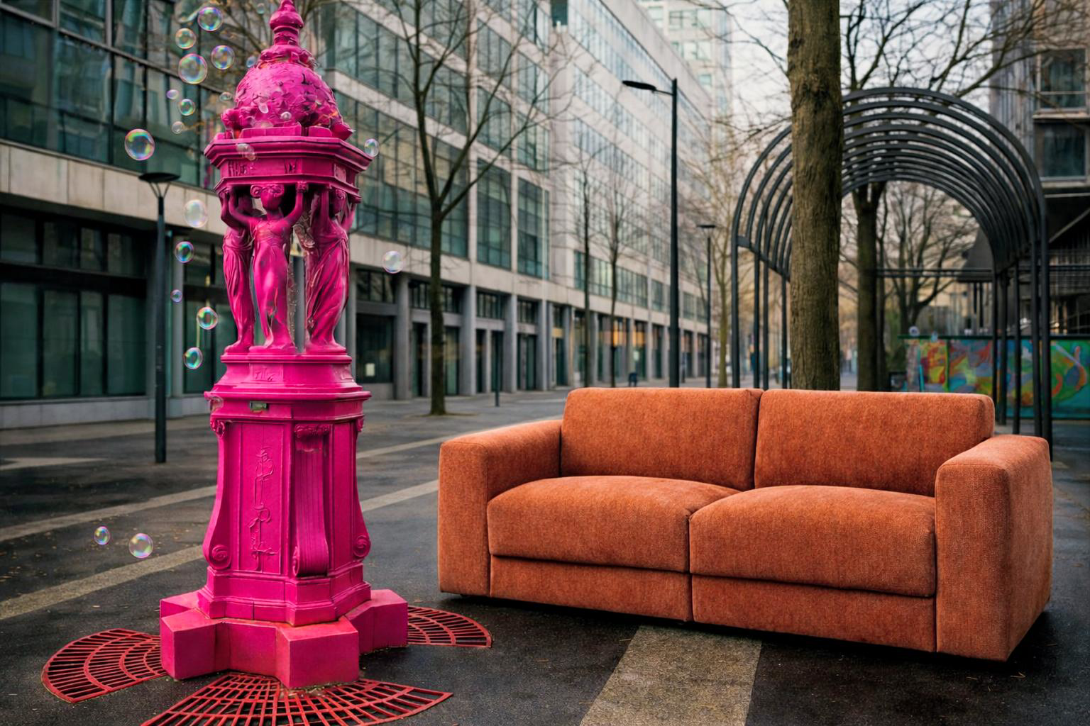 Canapé droit Seine Paname Avenue face à une fontaine Wallace rose