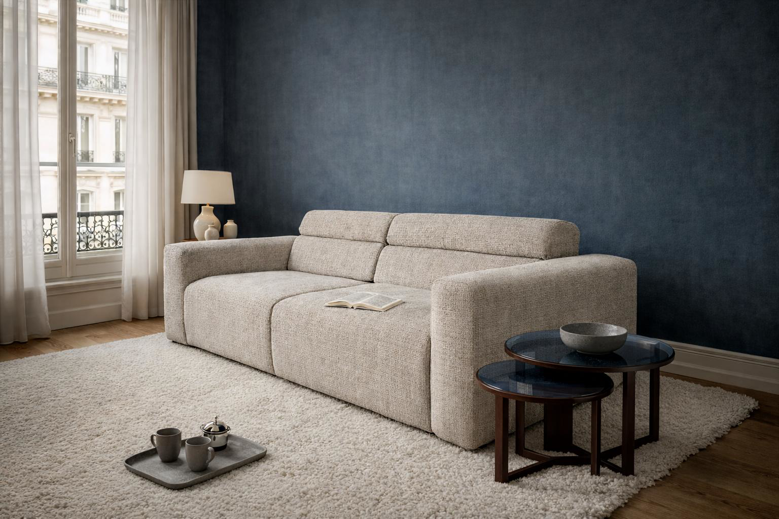 Canapé droit Sommerard en tissu chenille beige Paname Avenue, dans un décor inspire au quartier parisien