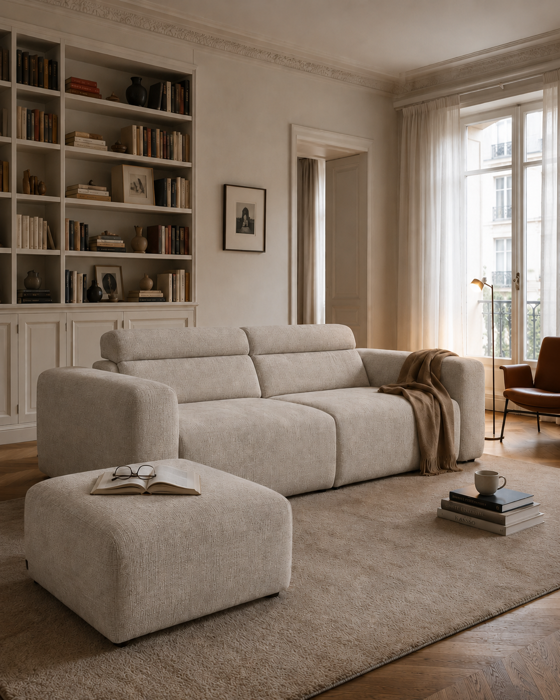 Canapé droit Sommerard et pour Albert Thomas de Paname Avenue dans un salon littéraire parisien