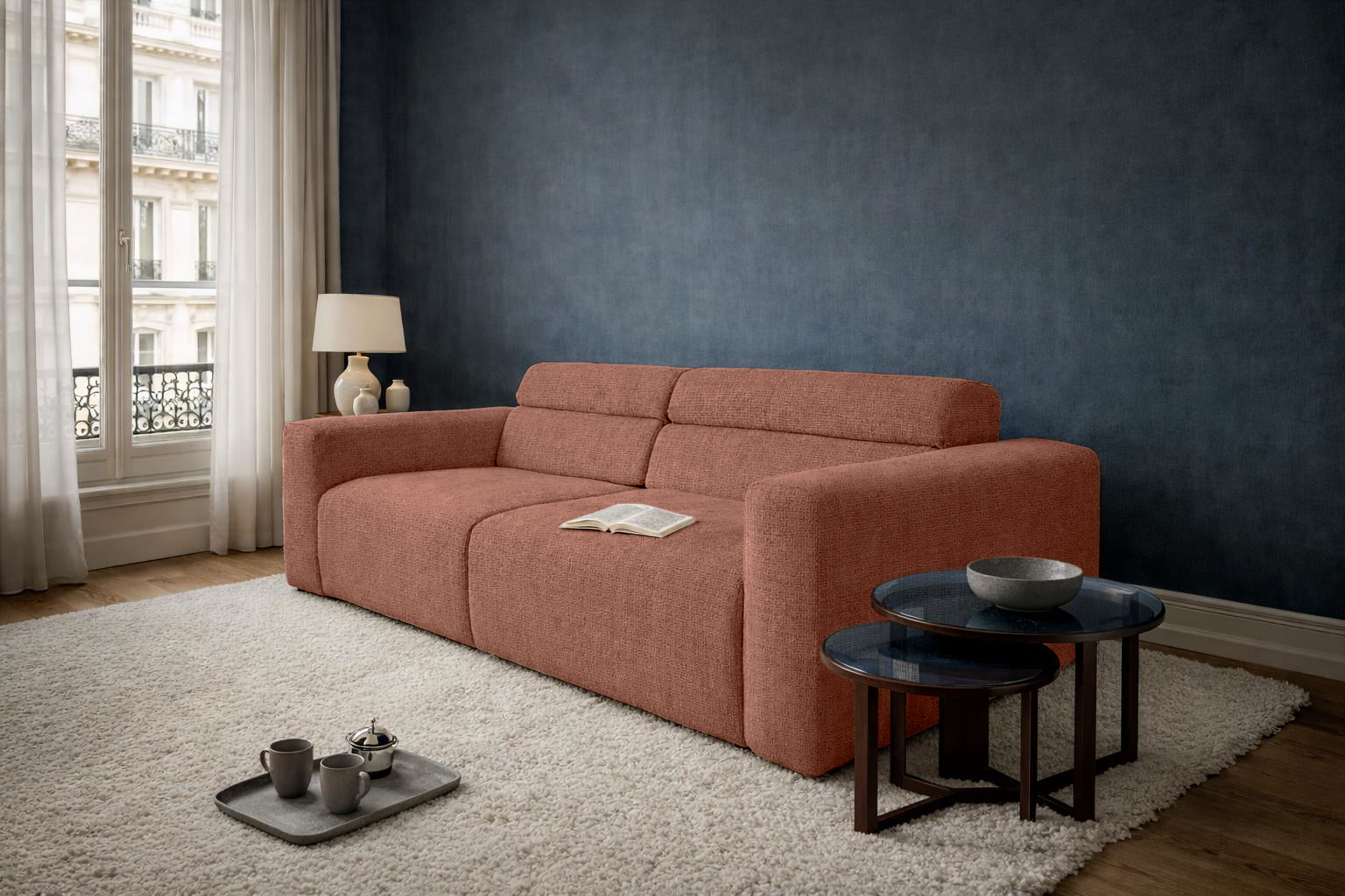 Canapé droit Sommerard en tissu chenille terracotta Paname Avenue, dans un décor inspire au quartier parisien