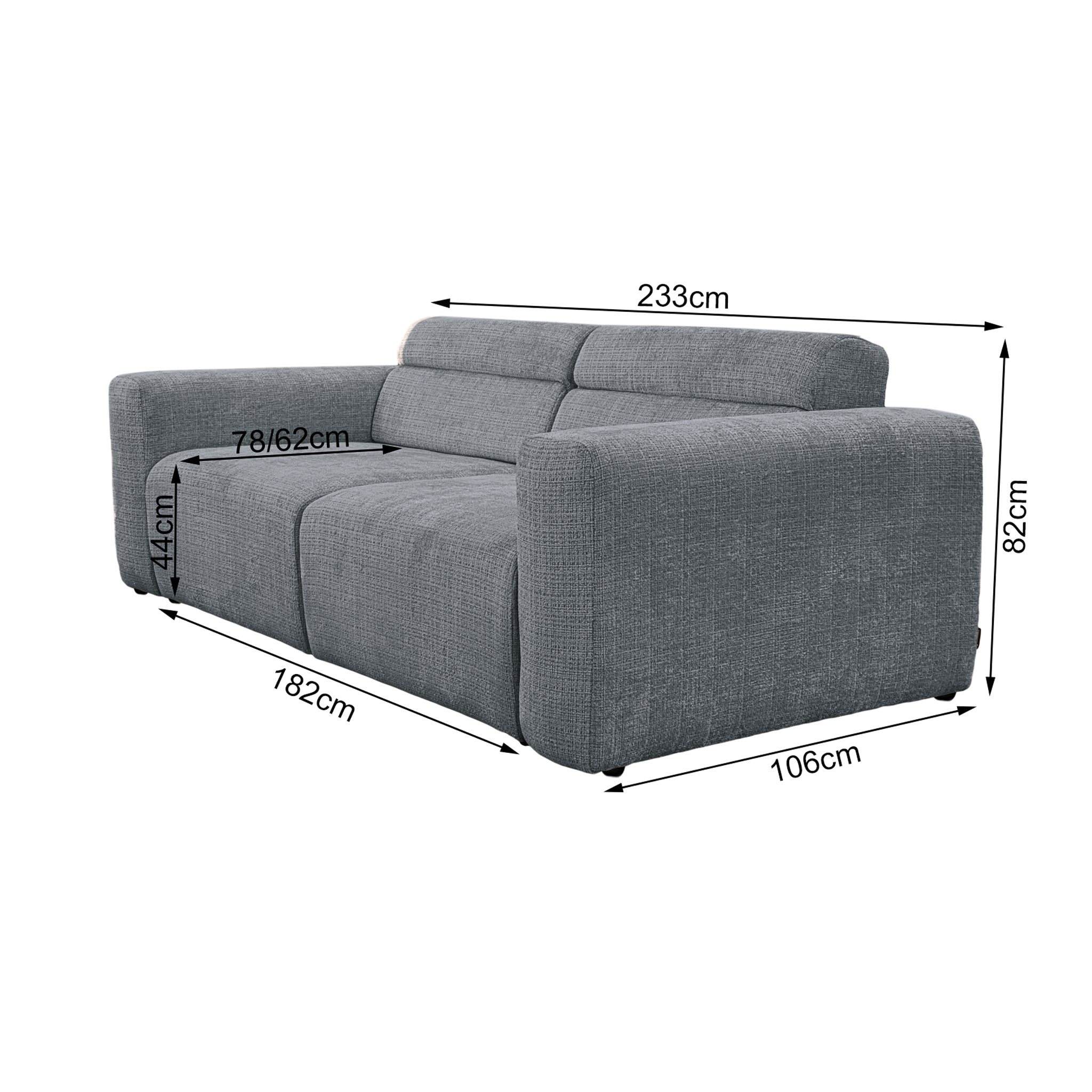 Canapé droit Sommerard en tissu chenille anthracite Paname Avenue, schéma des dimensions