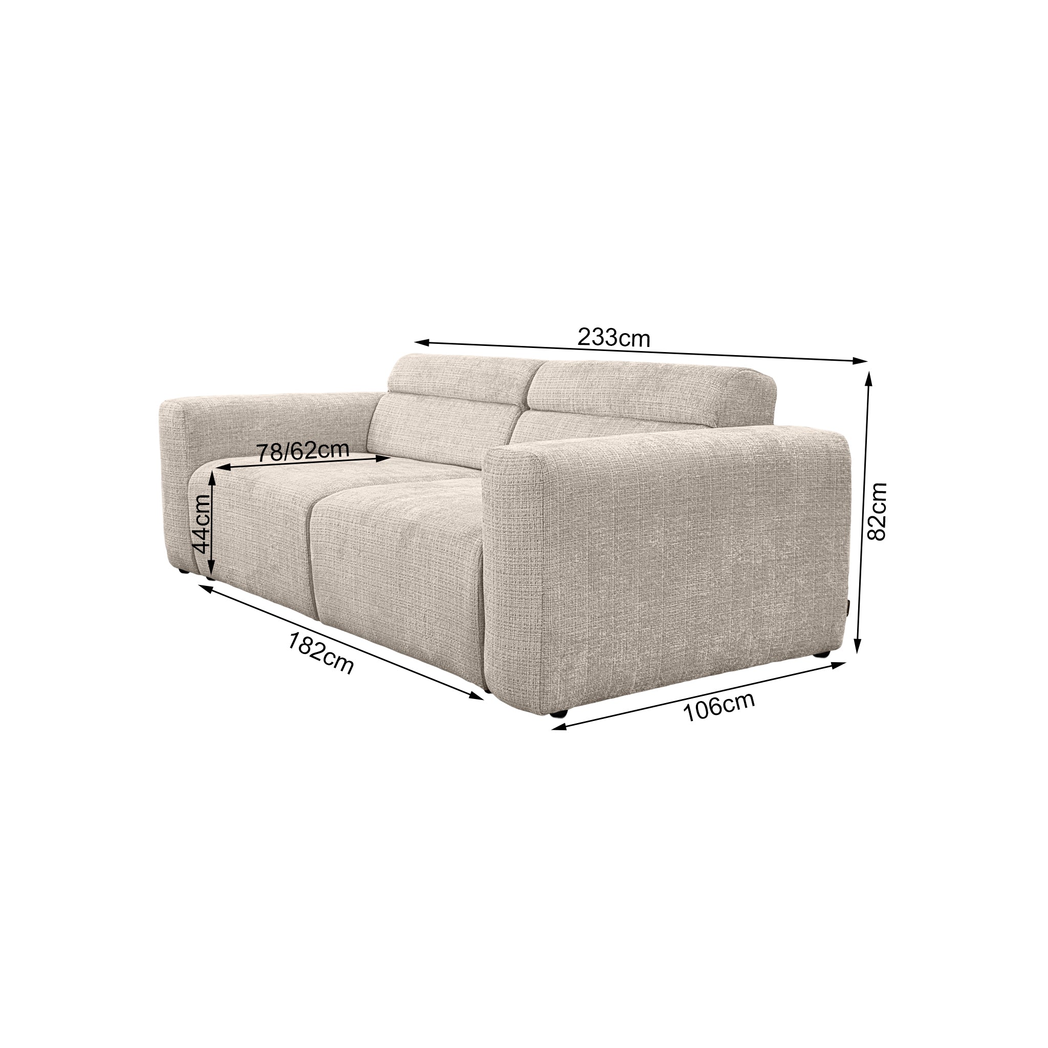 Canapé droit Sommerard en tissu chenille beige Paname Avenue, schéma des dimensions
