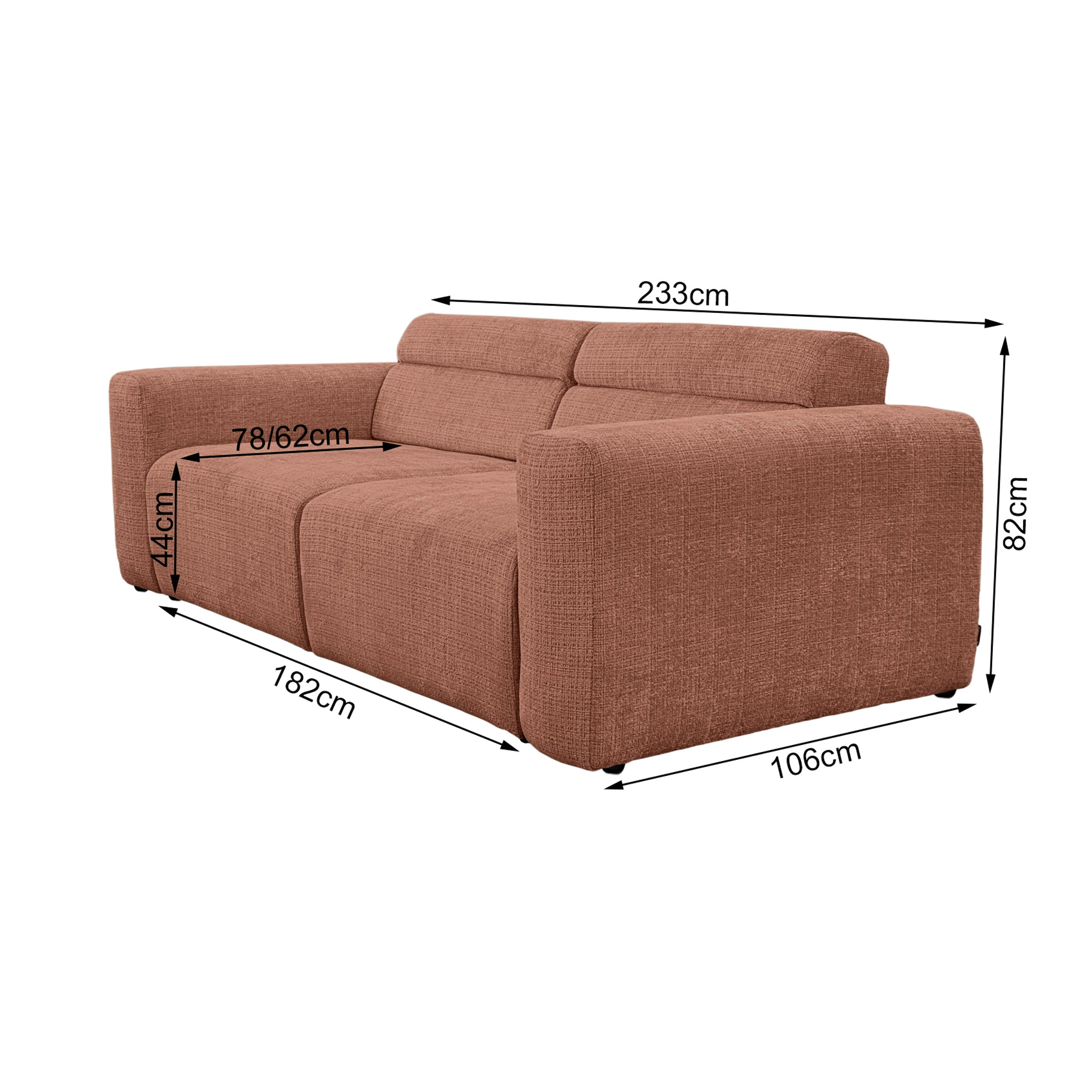 Canapé droit Sommerard en tissu chenille terracotta Paname Avenue, schéma des dimensions