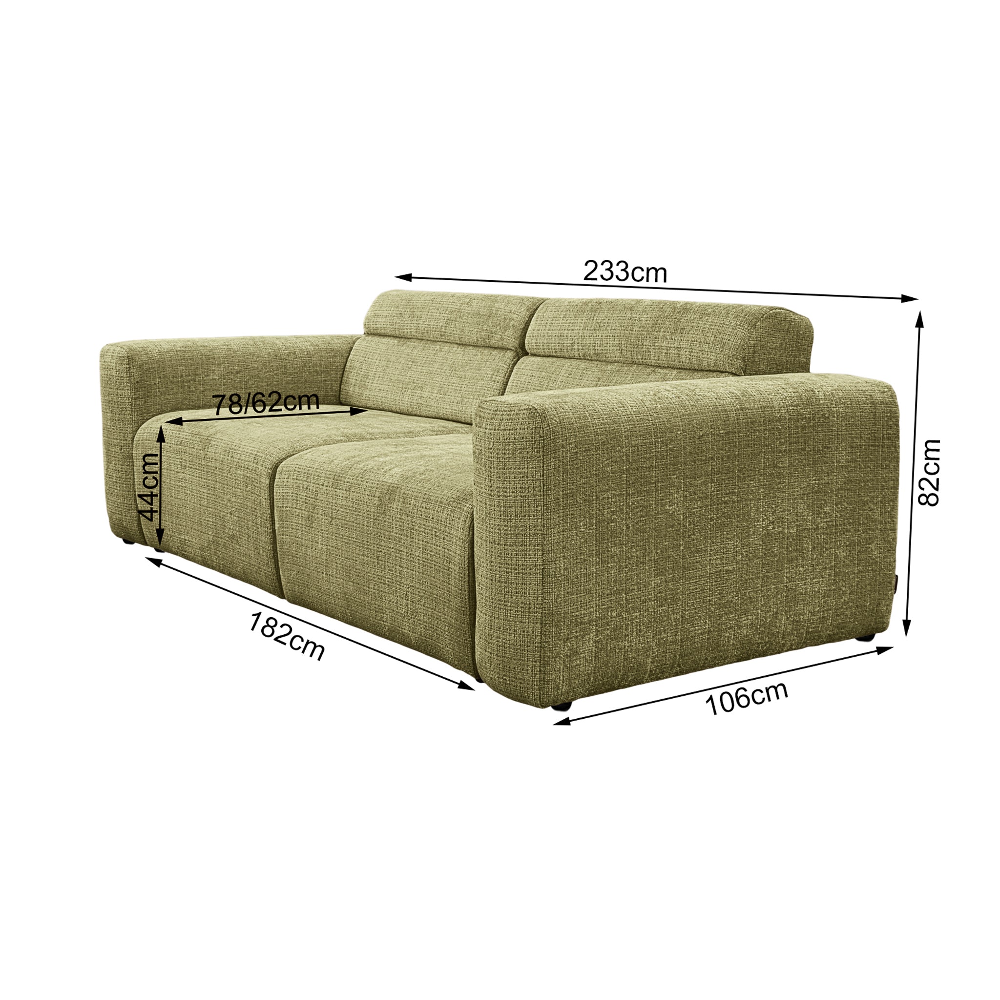 Canapé droit Sommerard en tissu chenille vert olive Paname Avenue, schéma des dimensions