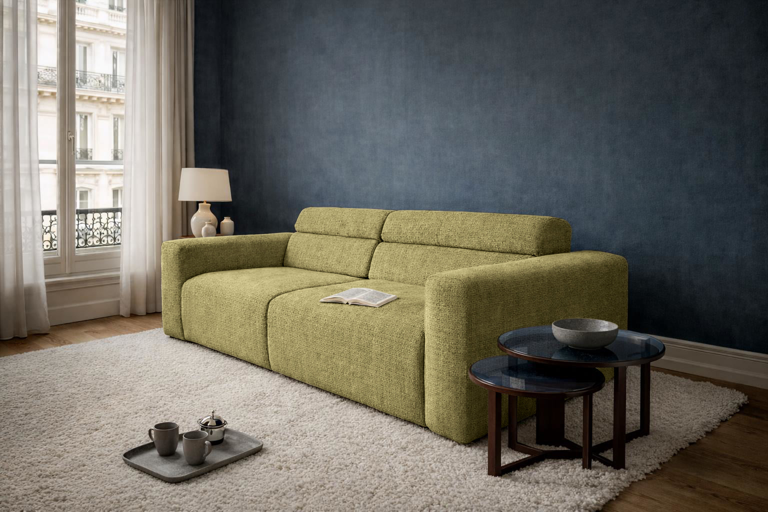 Canapé droit Sommerard en tissu chenille vert olive Paname Avenue, dans un décor inspire au quartier parisien