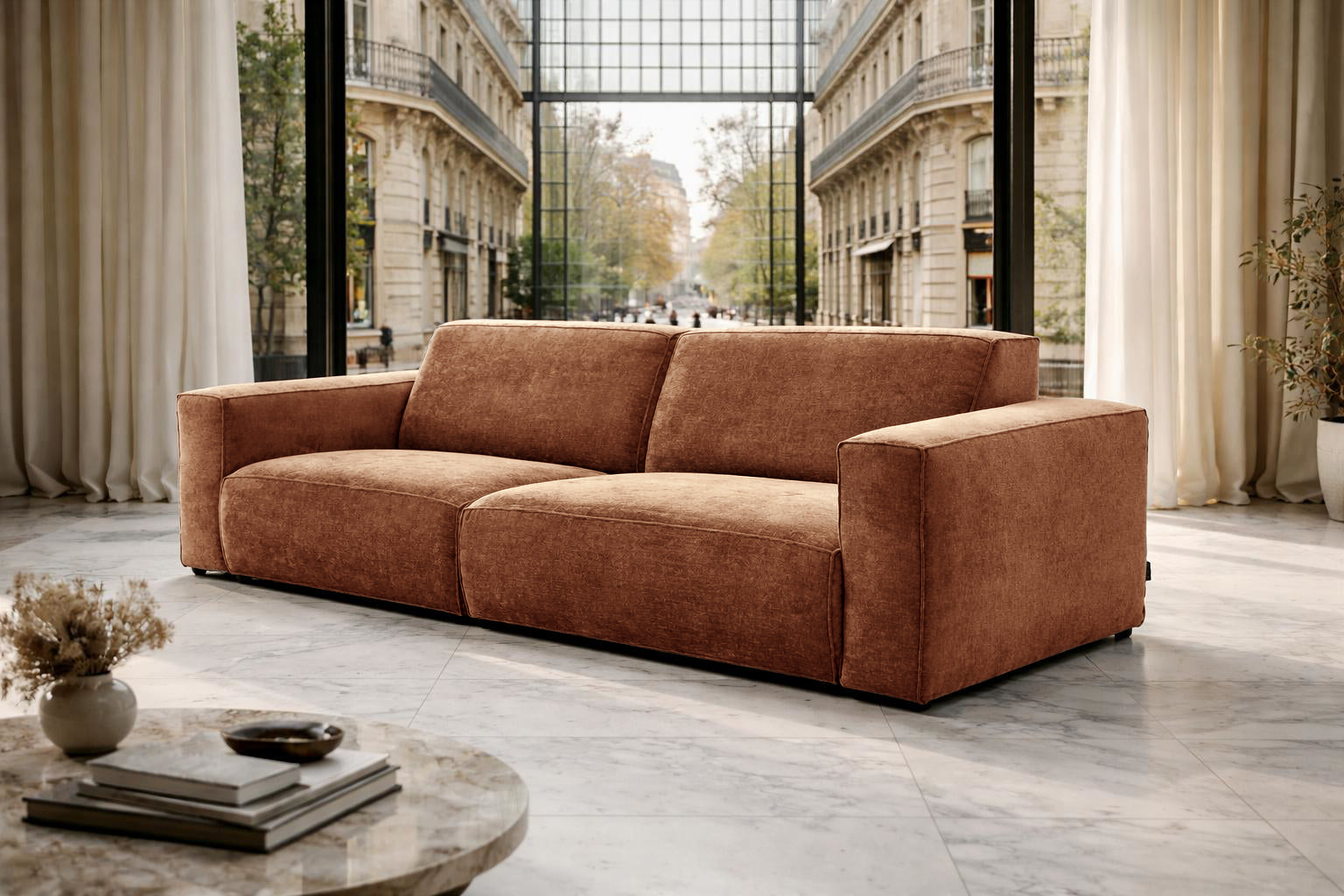 Canapé droit Pyramides en tissu chenille terracotta Paname Avenue, dans un décor inspire au quartier parisien