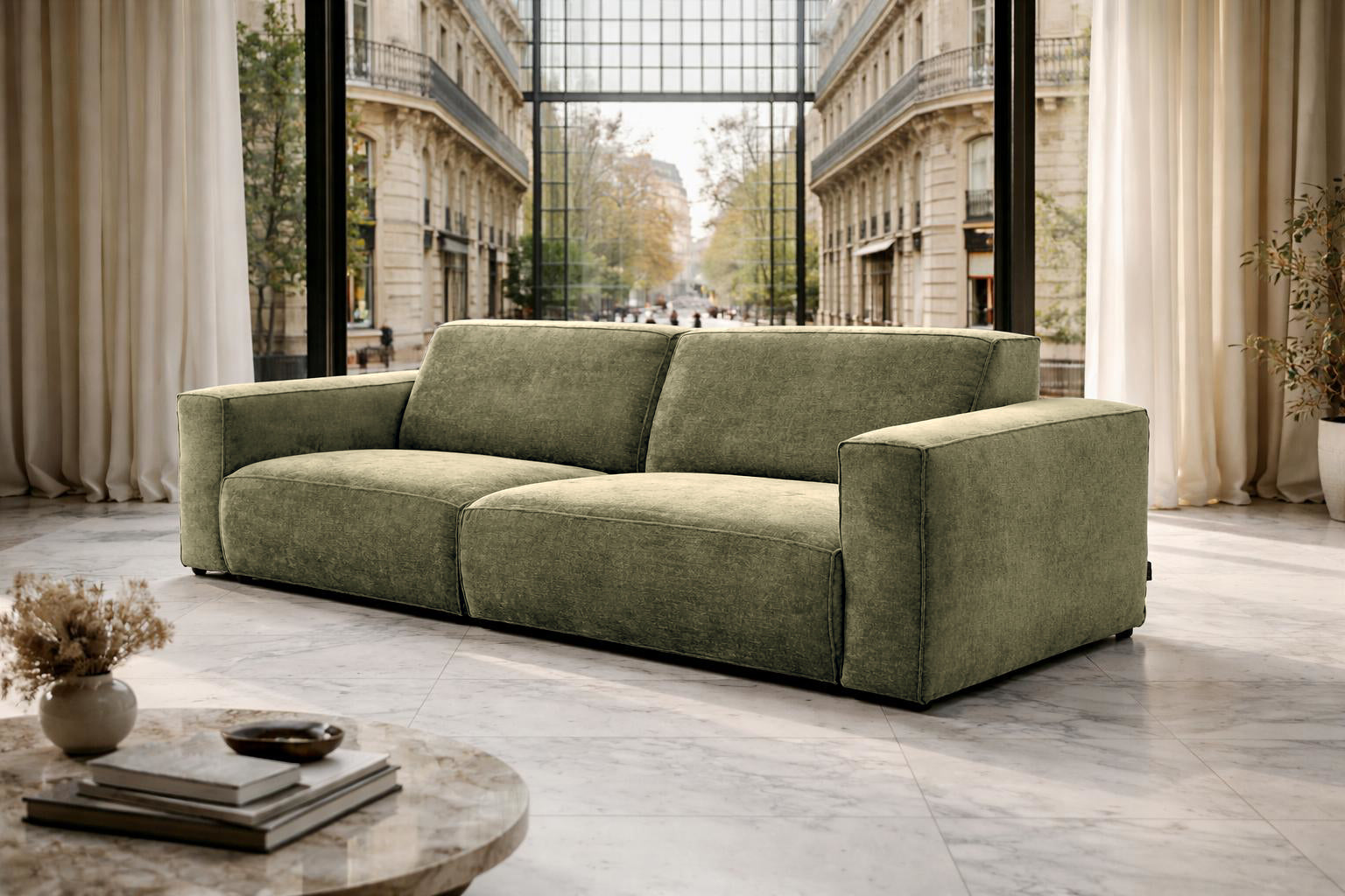 Canapé droit Pyramides en tissu chenille vert olive Paname Avenue, dans un décor inspire au quartier parisien