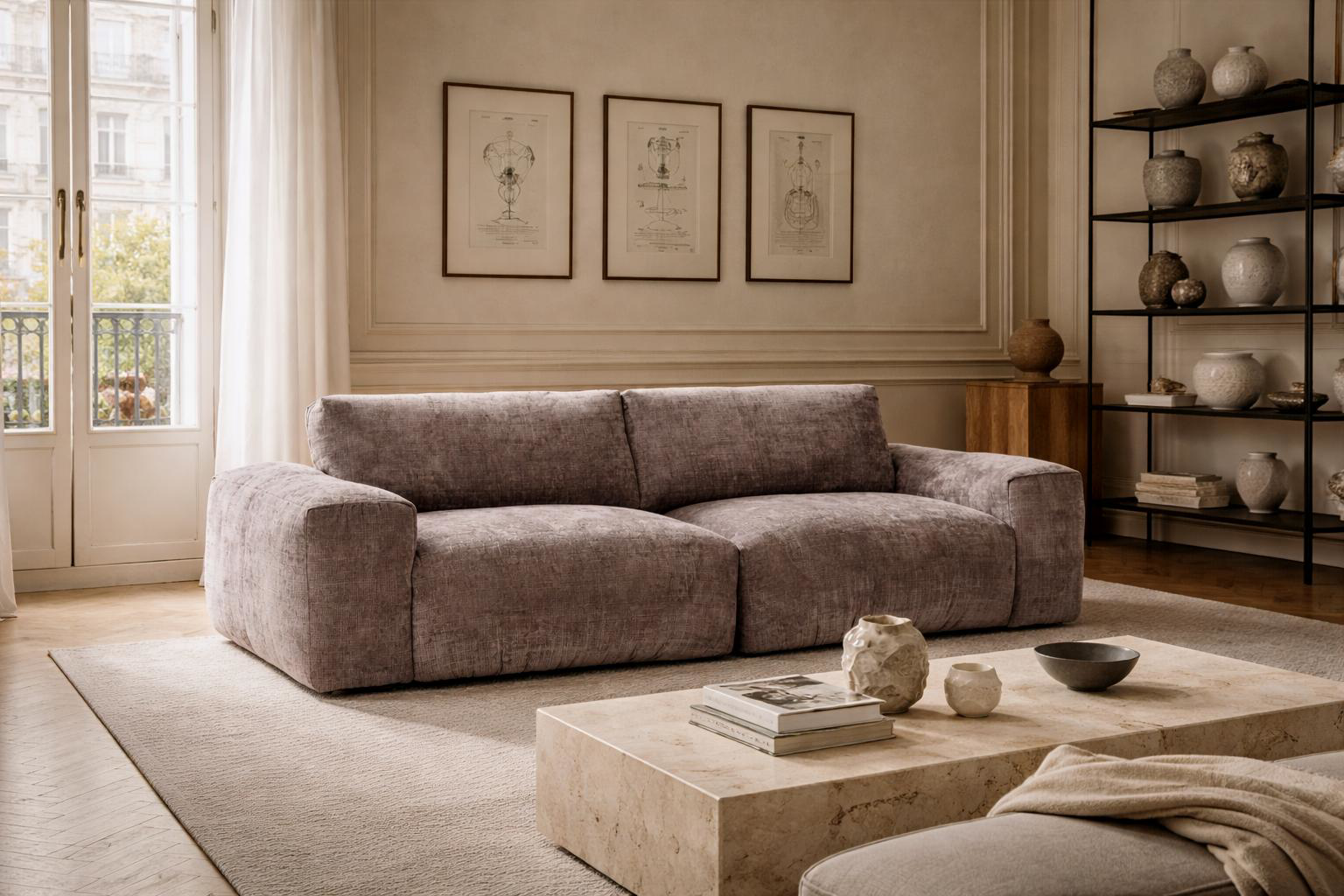 Canapé droit Vieille du Temple Paname Avenue dans un salon parisien élégant avec moulures, table basse en pierre et étagère décorative, créant une ambiance chaleureuse et raffinée