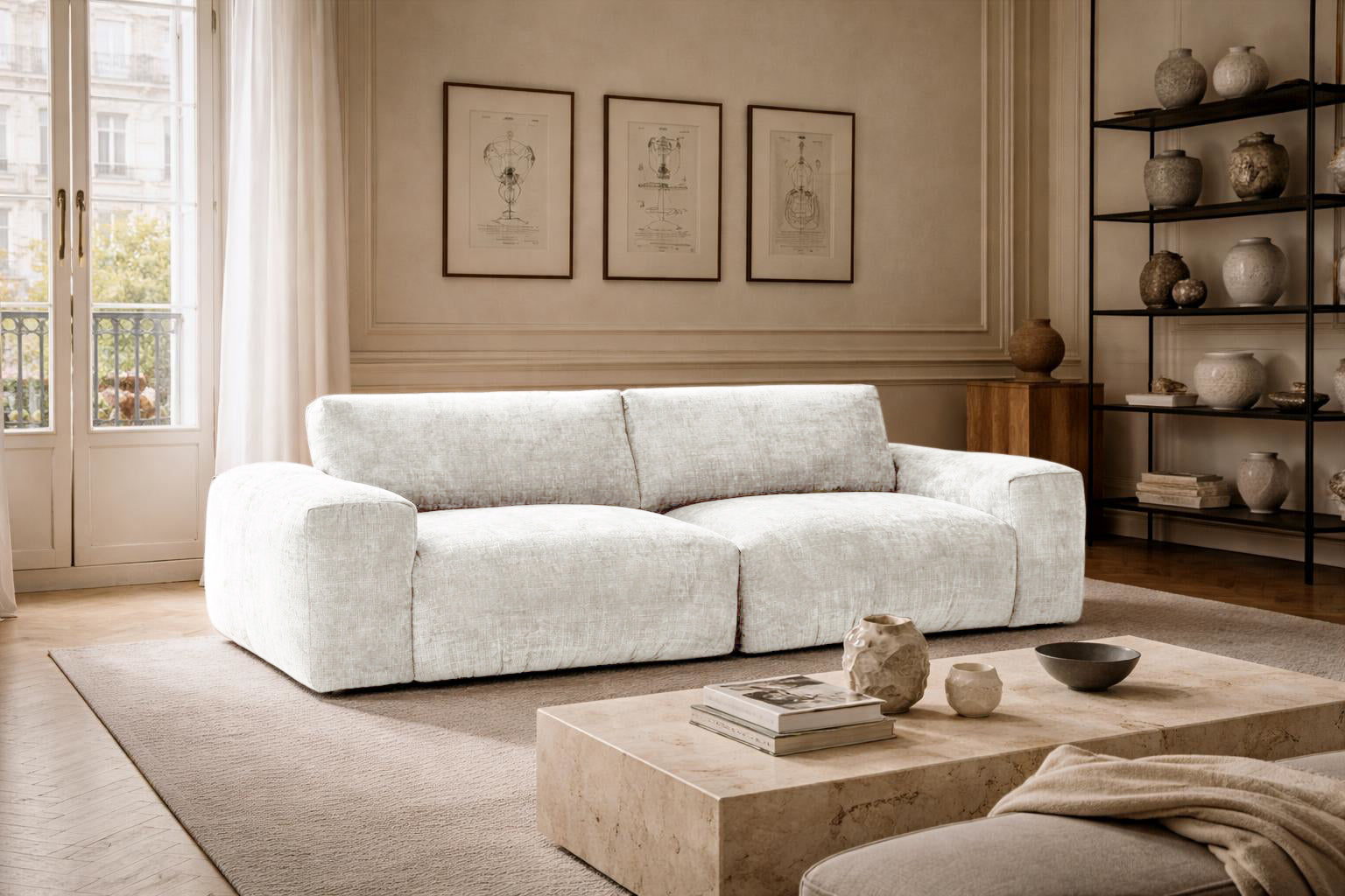 Canapé droit Vieille-du-Temple en tissu chenille beige Paname Avenue, dans un décor inspire au quartier parisien