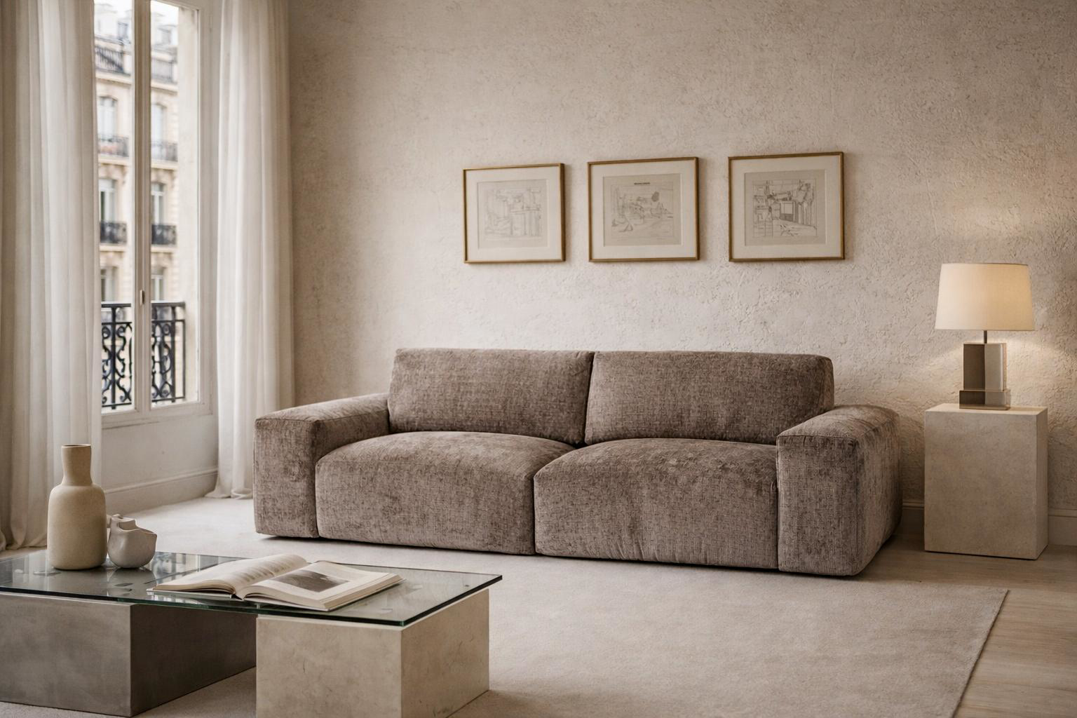 Canapé droit Vieille-du-Temple en tissu chenille taupe Paname Avenue, dans un décor inspire au quartier parisien