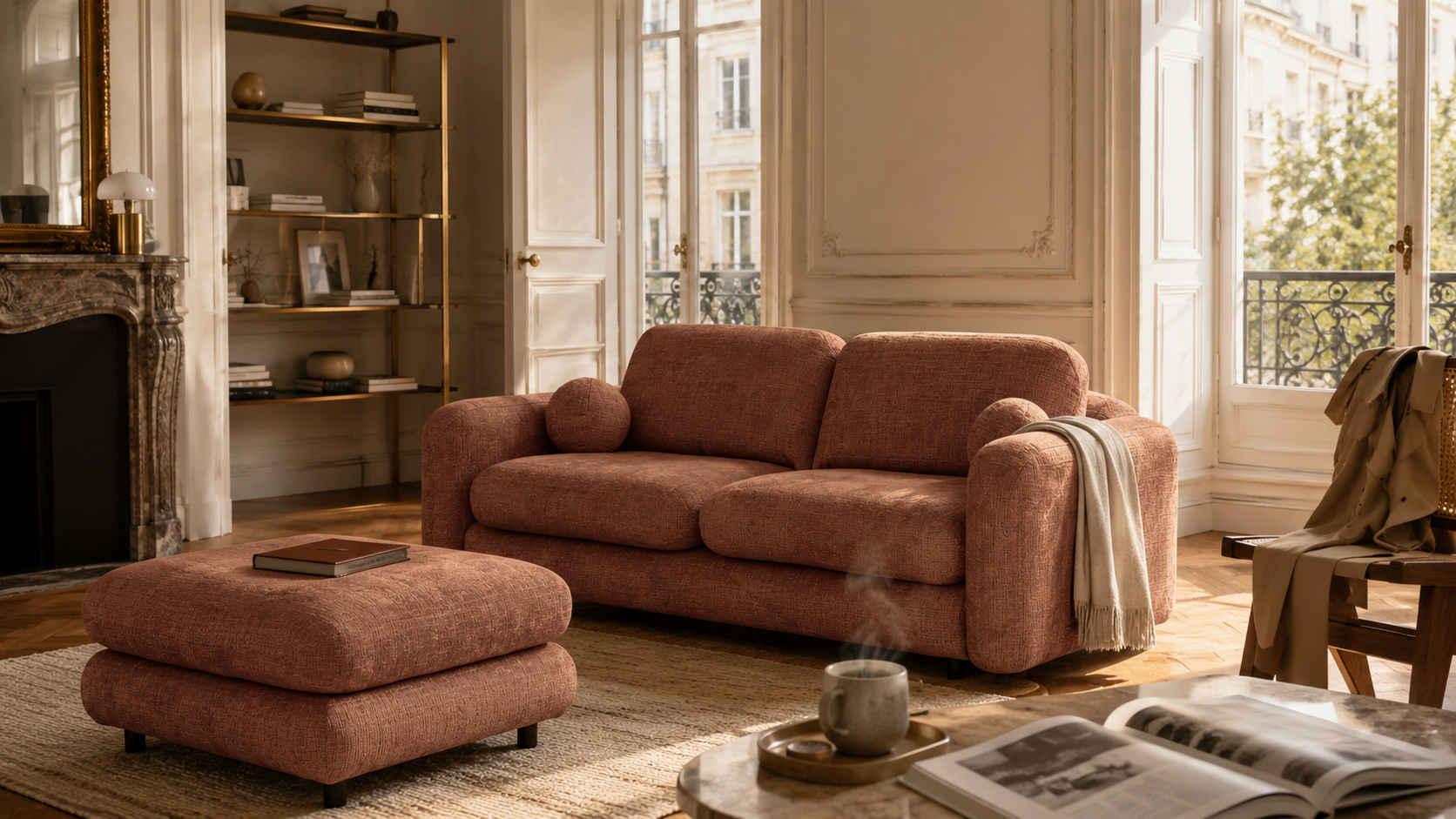 Canapé Duperré et pouf Popincourt dans un salon parisien chic et éclectique 