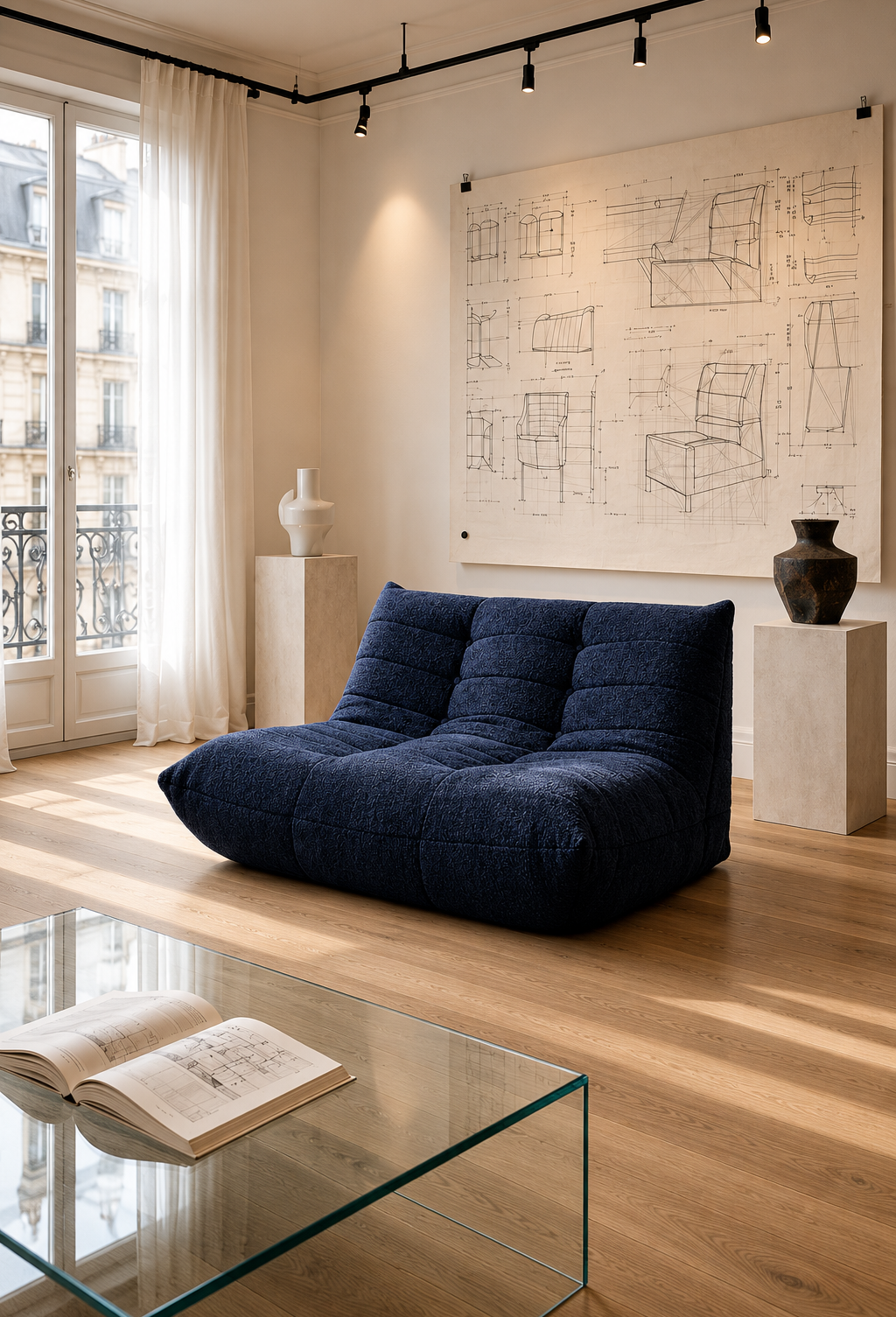 Canapé 2 places Faubourg du Temple en tissu chenille bleu dans un intérieur contemporain avec table basse en verre, parquet en chêne et décoration inspirée du design mobilier
