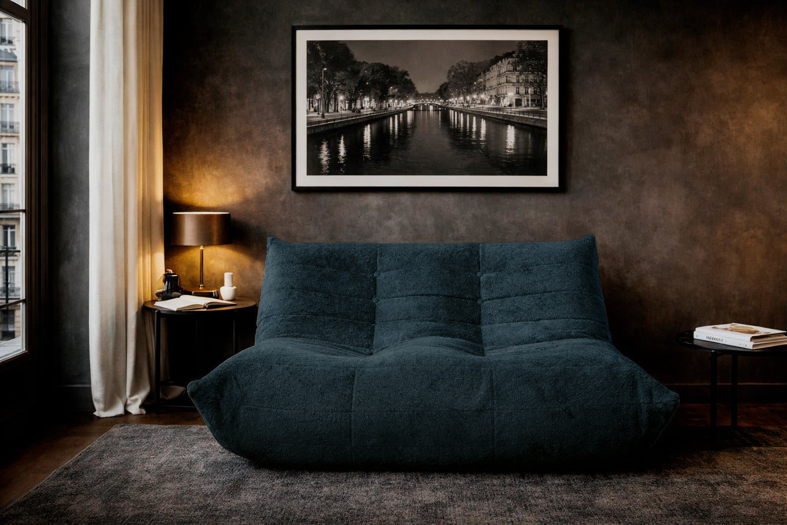 Canapé droit Faubourg du Temple en tissu chenille bleu fonce Paname Avenue, dans un décor inspire au quartier parisien