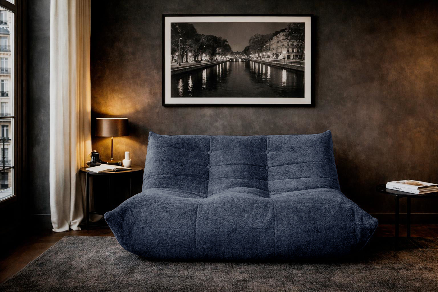 Canapé droit Faubourg du Temple en tissu chenille bleu Paname Avenue, dans un décor inspire au quartier parisien