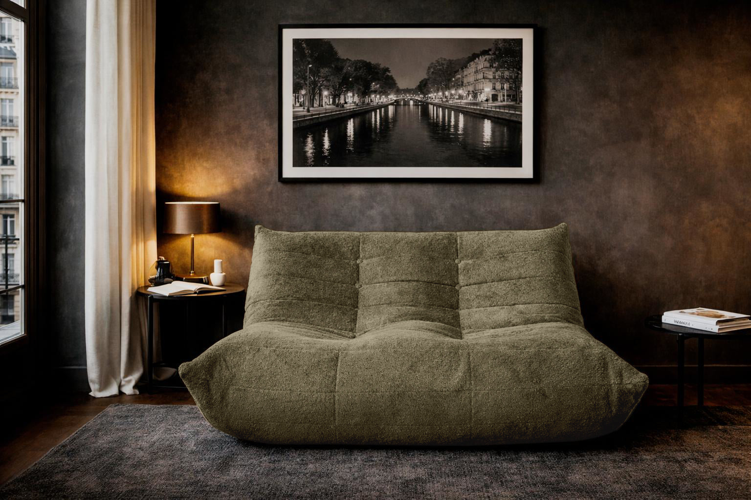 Canapé droit Faubourg du Temple en tissu chenille vert olive Paname Avenue, dans un décor inspire au quartier parisien