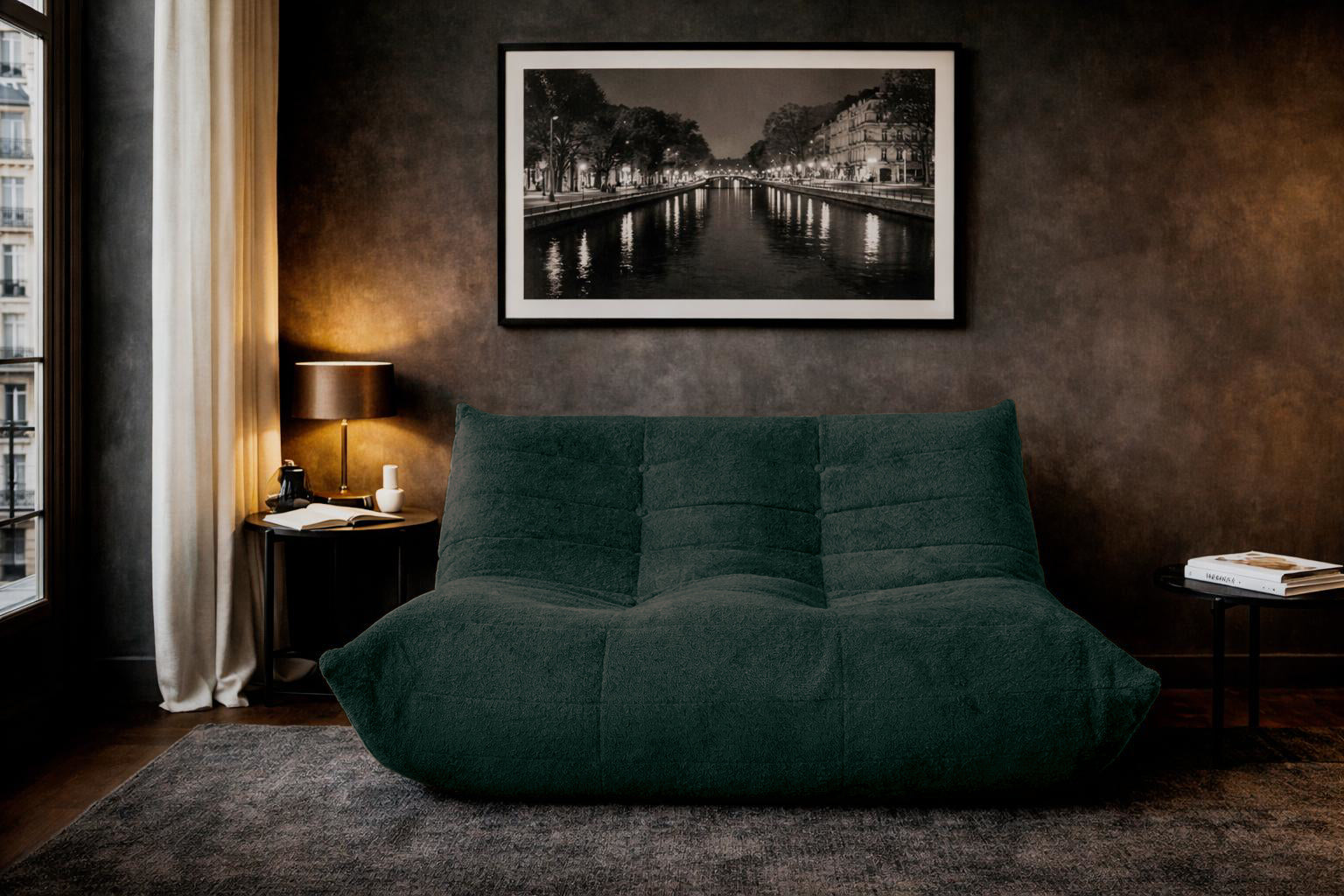 Canapé droit Faubourg du Temple en tissu chenille vert Paname Avenue, dans un décor inspire au quartier parisien