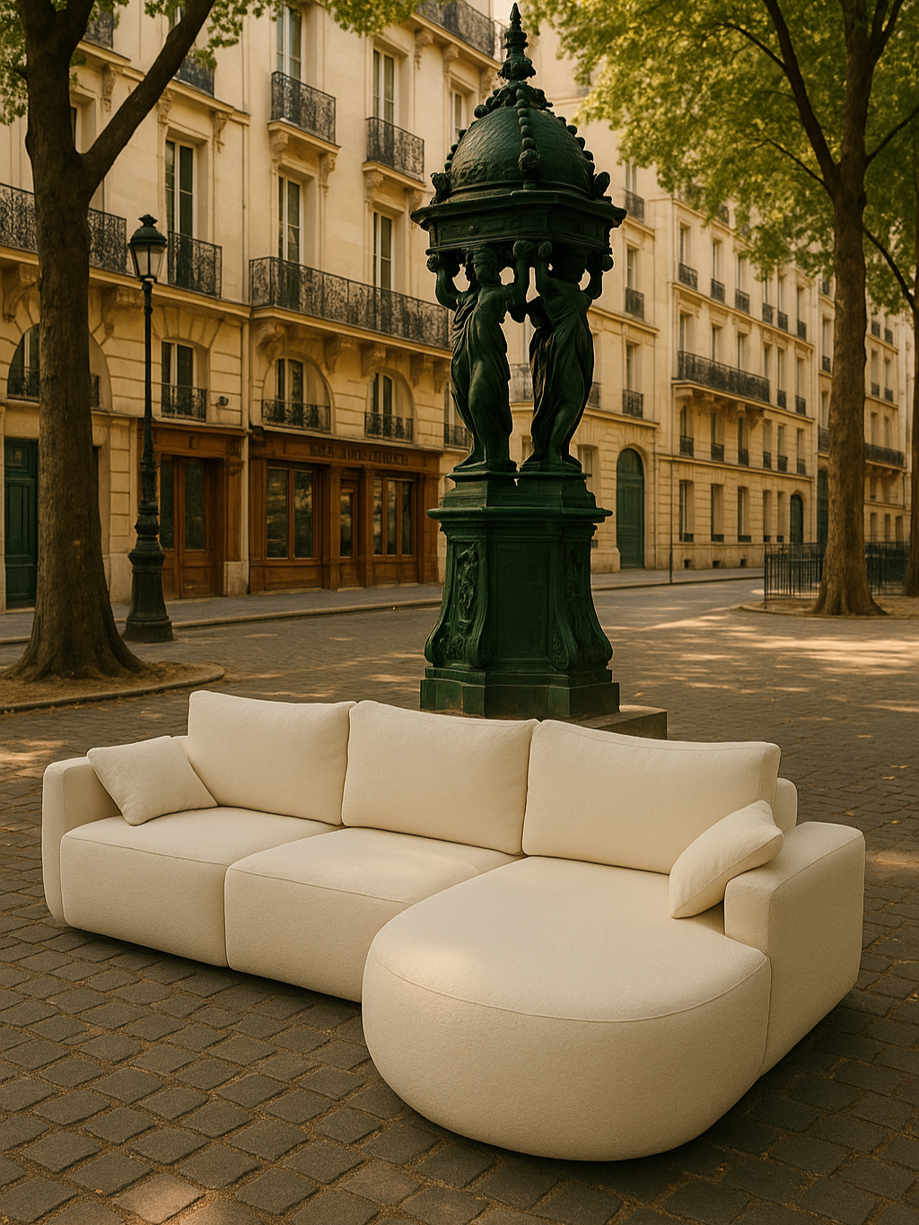 Canapé moderne beige en forme arrondie, installé de manière insolite sur une rue pavée à Paris. Derrière lui se dresse une fontaine Wallace verte ornée de cariatides, entourée d’arbres et d’immeubles haussmanniens aux balcons en fer forgé.