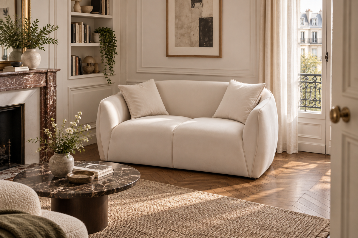 Canapé droit Meslay 2 places en velours lisse beige dans un petit salon parisien avec parquet ancien et cheminée.