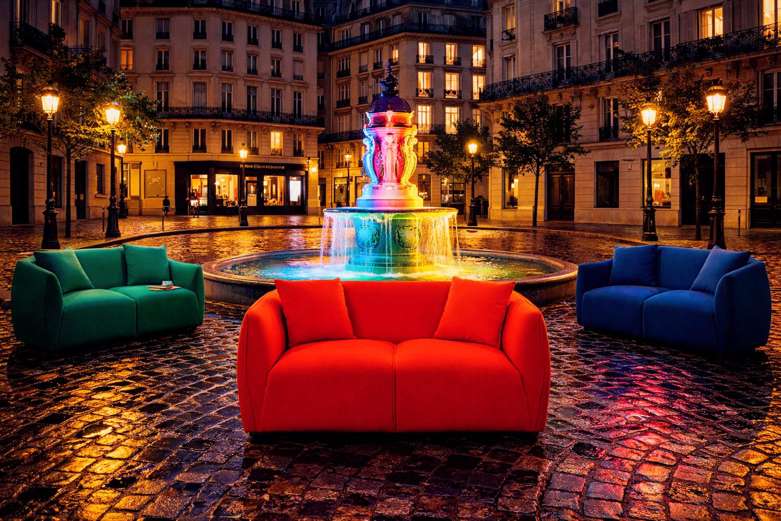 Canapé Meslay Paname Avenue dans un décor parisien de nuit près d’une fontaine Wallace dans le quartier Arts et Métiers