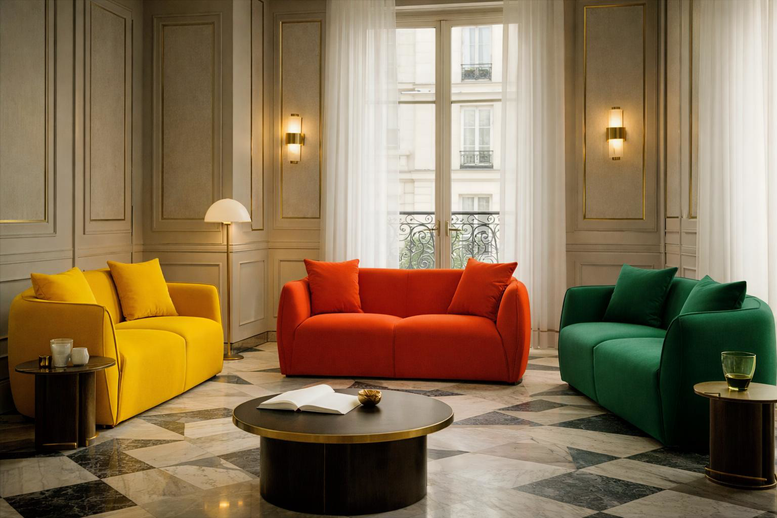 Canapé Meslay Paname Avenue dans un salon parisien élégant dans le quartier Arts et Métiers