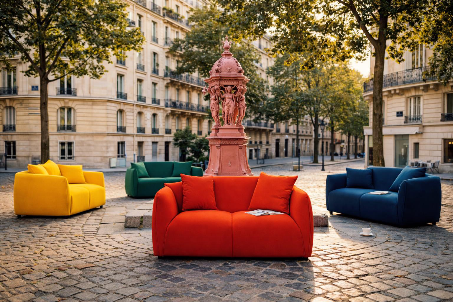 Canapés Meslay de Paname Avenue dans une rue parisienne autour d'une fontaine Wallace
