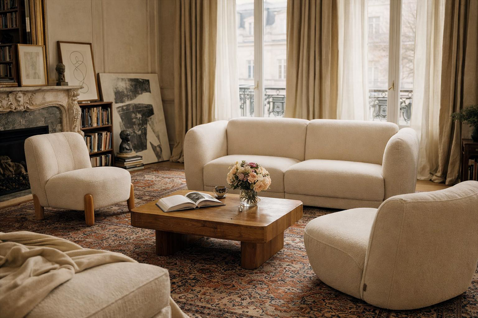 Canapé Pigalle, fauteuil Rivoli et fauteuil Louvre de Paname Avenue dans un salon parisien bohème chic, avec une base classique