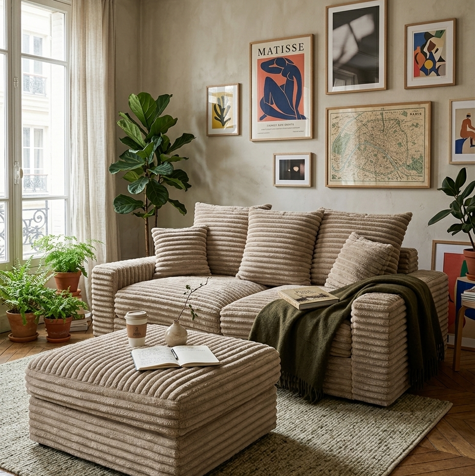 Canapé Poissonnière et pouf Norvins dans un salon éclectique parisien