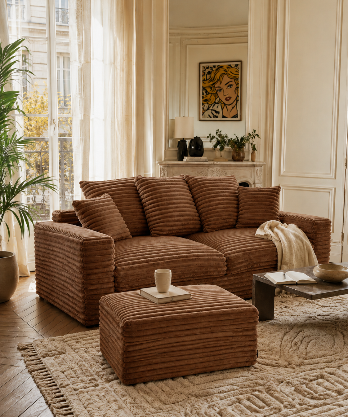 Canapé Poissonnière et pouf Norvins de Paname Avenue dans un salon chic et pop parisien