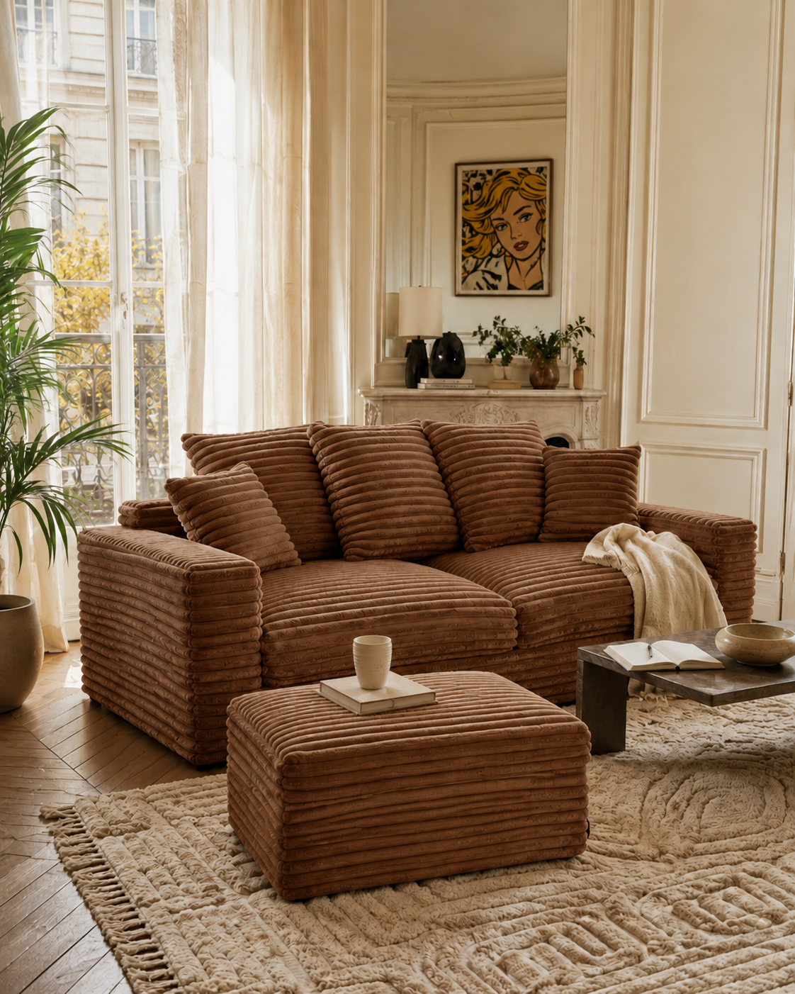 Canapé Poissonnière et pouf Norvins de Paname Avenue dans un salon chic et pop parisien