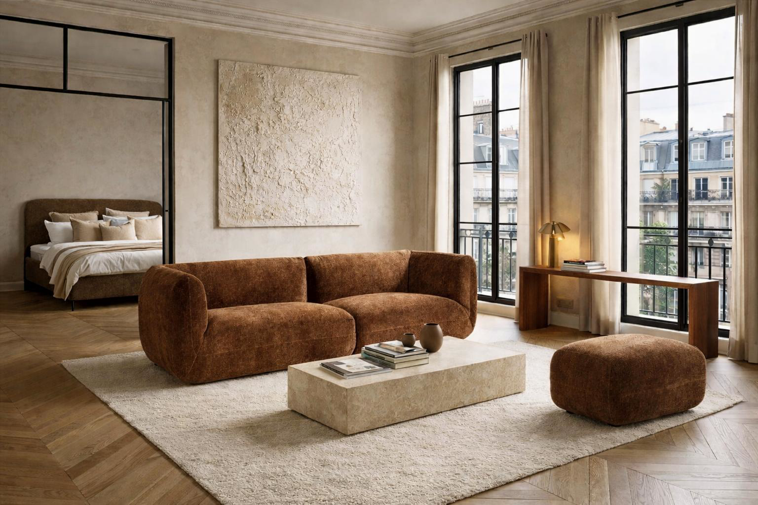 Canapé Portefoin et pouf Blainville dans un intérieur moderne parisien