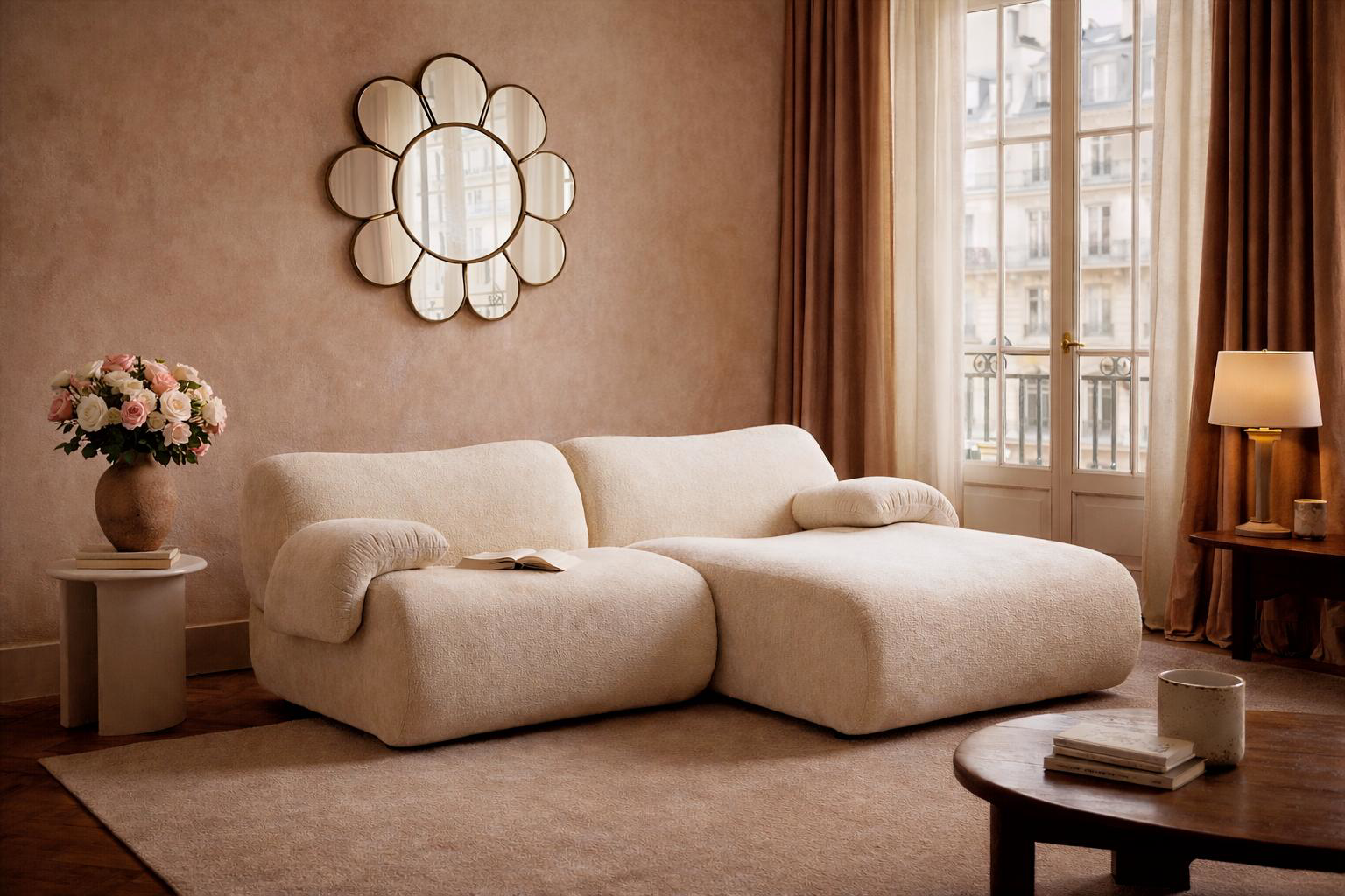 Canapé d'angle droit Pot de Fer en tissu chenille beige Paname Avenue, dans un décor inspire au quartier parisien