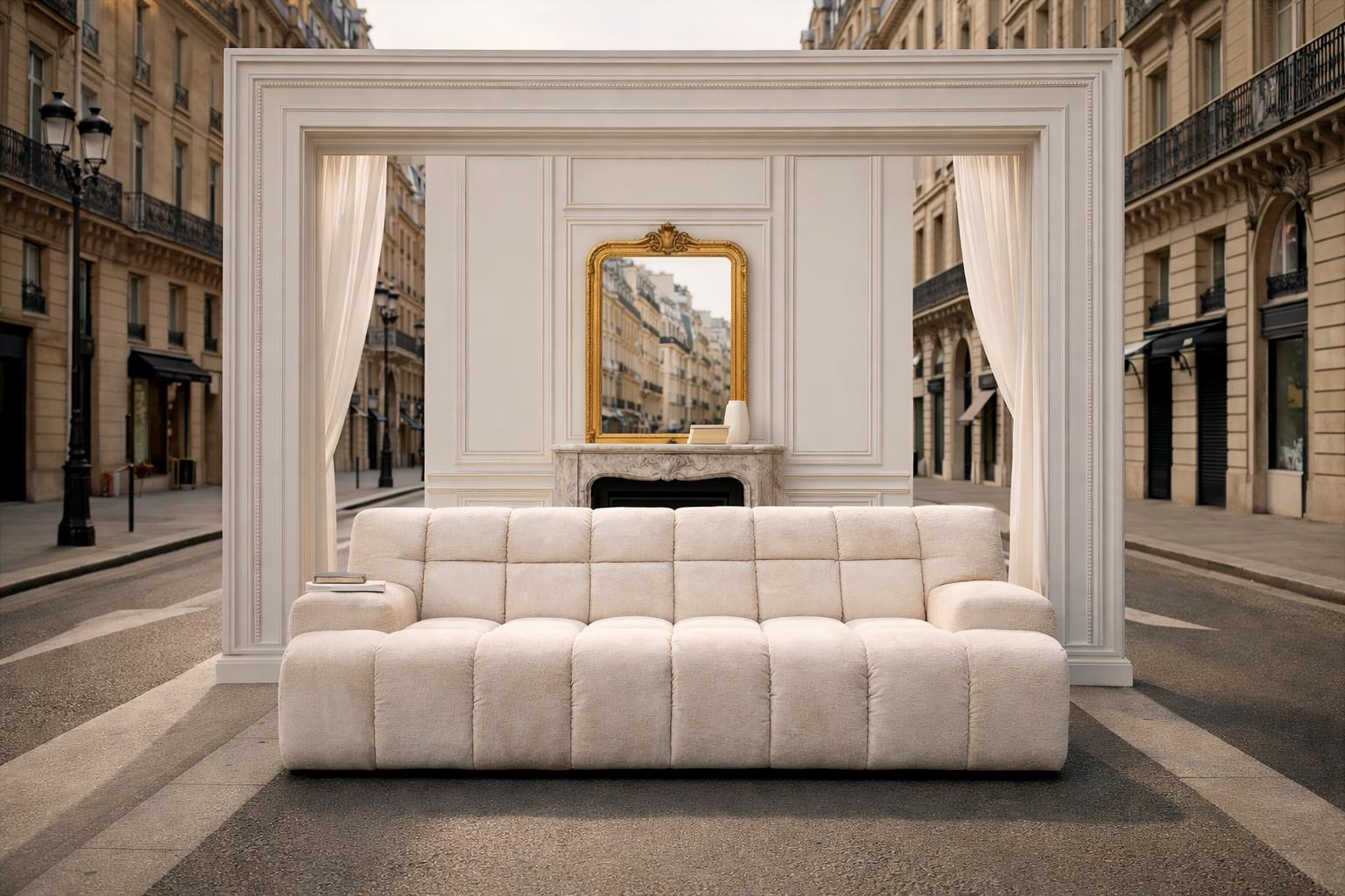 Canapé droit Saint Honoré installé devant un décor intérieur élégant avec moulures, rideaux et cheminée, le tout placé au milieu d’une rue parisienne bordée d’immeubles haussmanniens, créant une mise en scène originale entre intérieur et extérieur