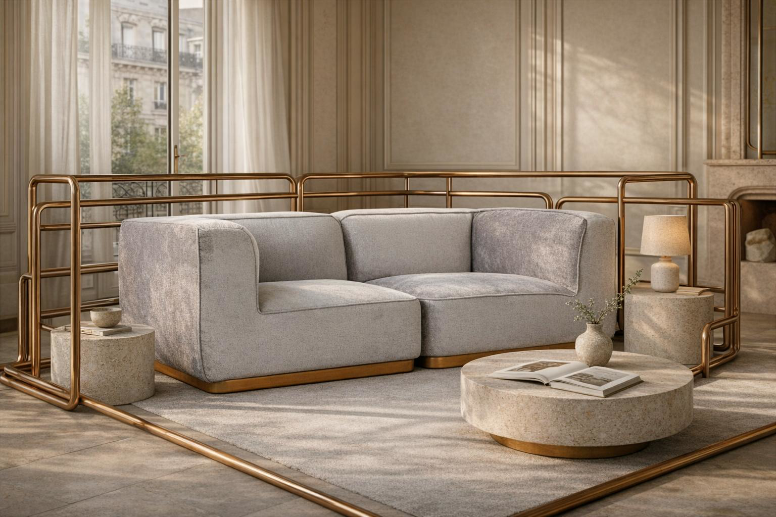 Canapé droit Saint Maur de Paname Avenue dans un salon parisien au style contemporain luxe avec influence minimaliste et art déco revisité.