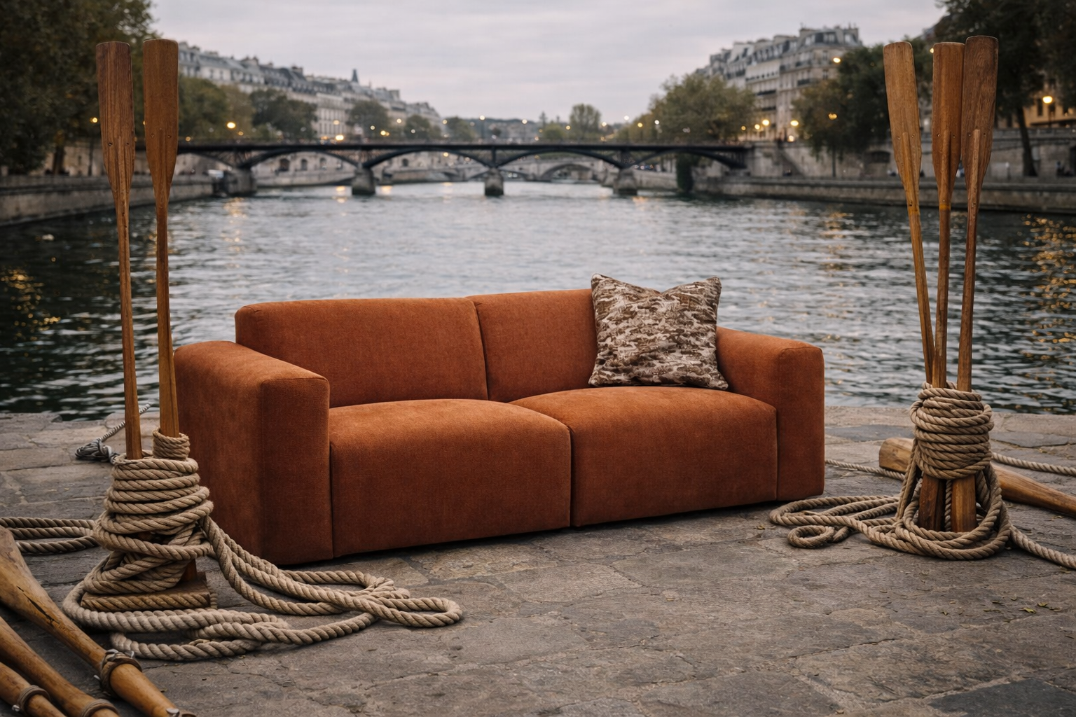 Canapé droit Seine de Paname Avenue sur les bords des quais de Seine à Paris à la tombée de la nuit