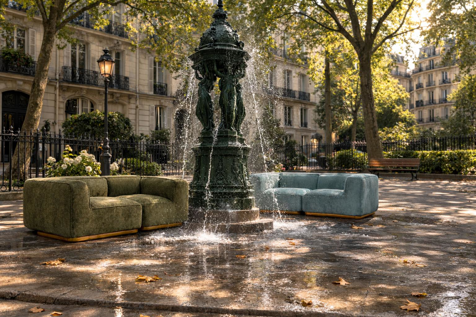Canapés droits Saint-Maur Paname Avenue dans un jardin public arrosés par une fontaine Wallace