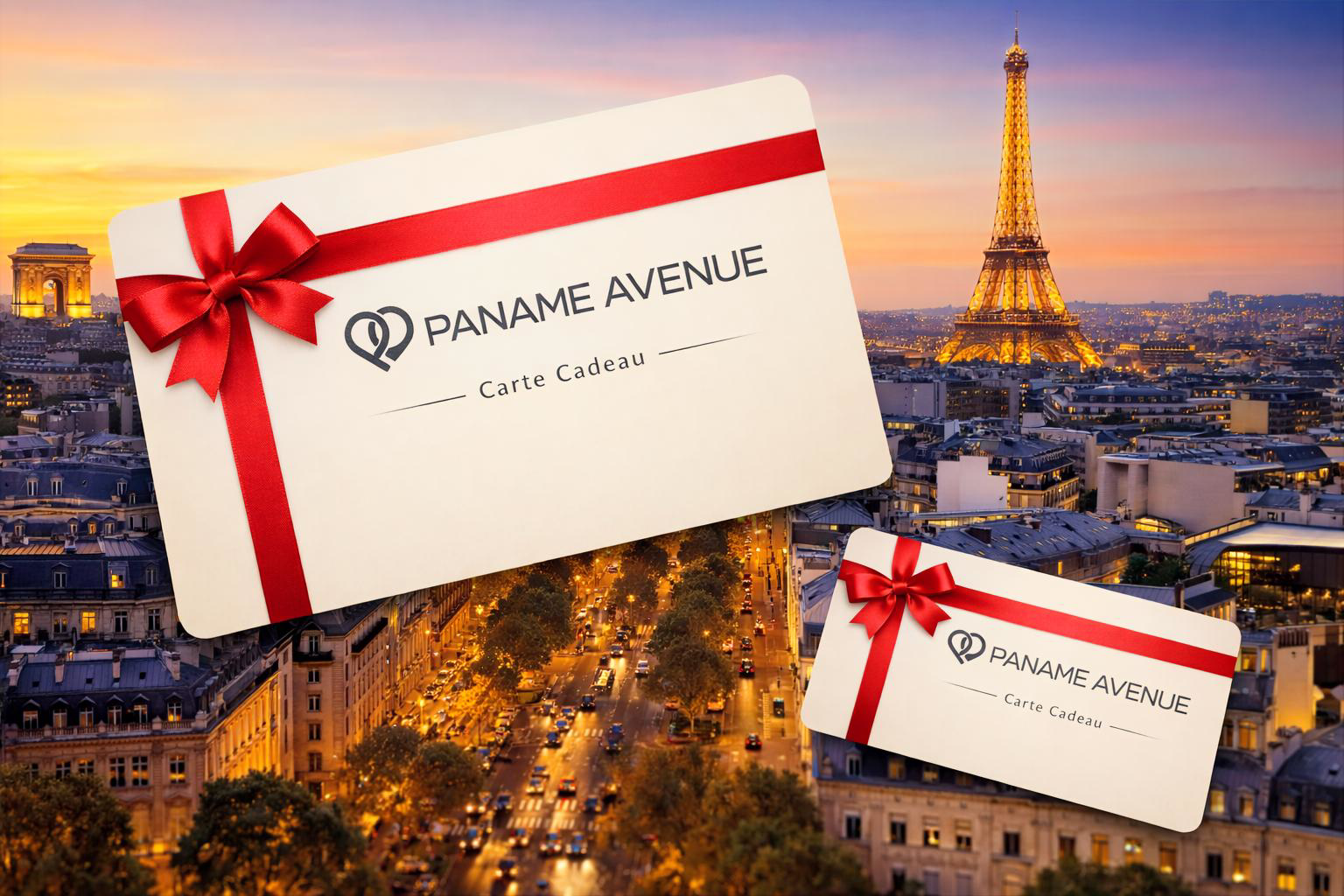 Image de la carte cadeau Paname Avenue dans un décor parisien avec vue sur la Tour Eiffel