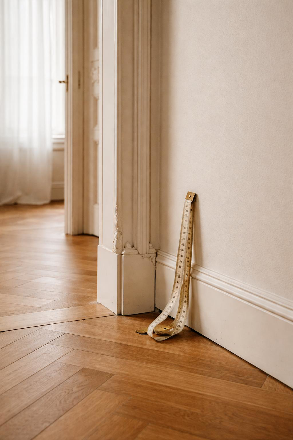 Mètre ruban posé contre un mur dans un intérieur parisien avec parquet et moulures, évoquant la prise de mesures pour un projet d’aménagement.