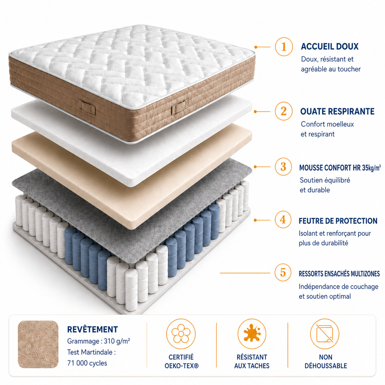 Matelas premium Bouloi à ressorts ensachés multizones avec mousse HR 35 kg/m3 et accueil doux respirant pour un confort et un soutien optimal
