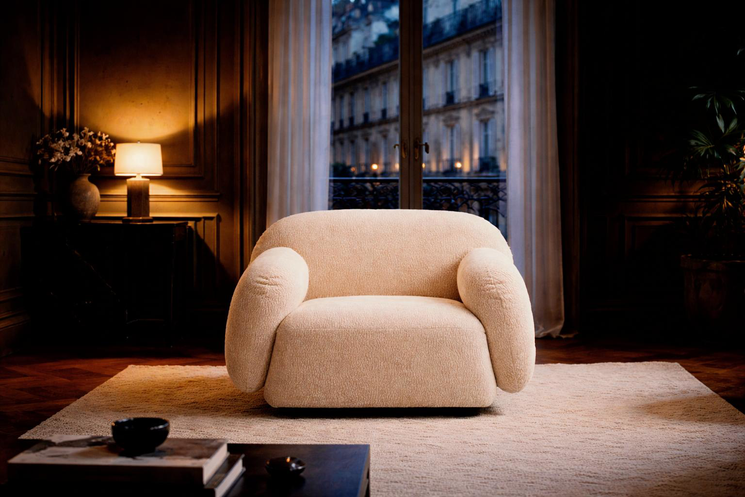 Fauteuil Fontaine en tissu chenille beige Paname Avenue, dans un décor inspire au quartier parisien