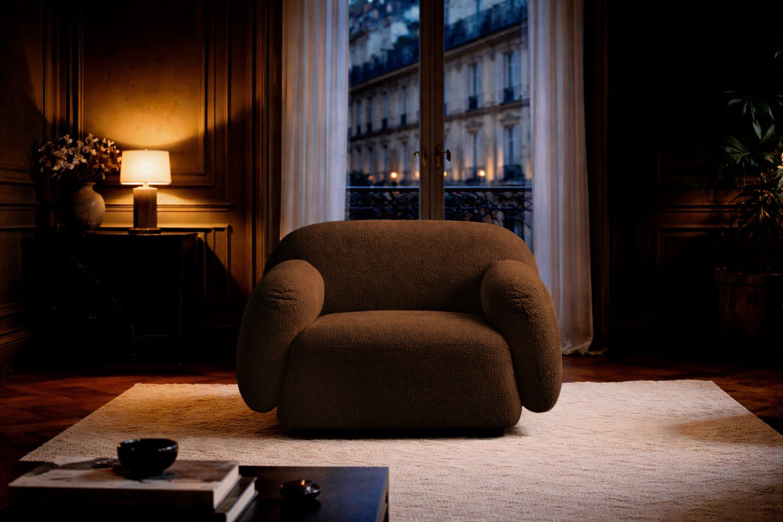 Fauteuil Fontaine en tissu chenille marron Paname Avenue, dans un décor inspire au quartier parisien